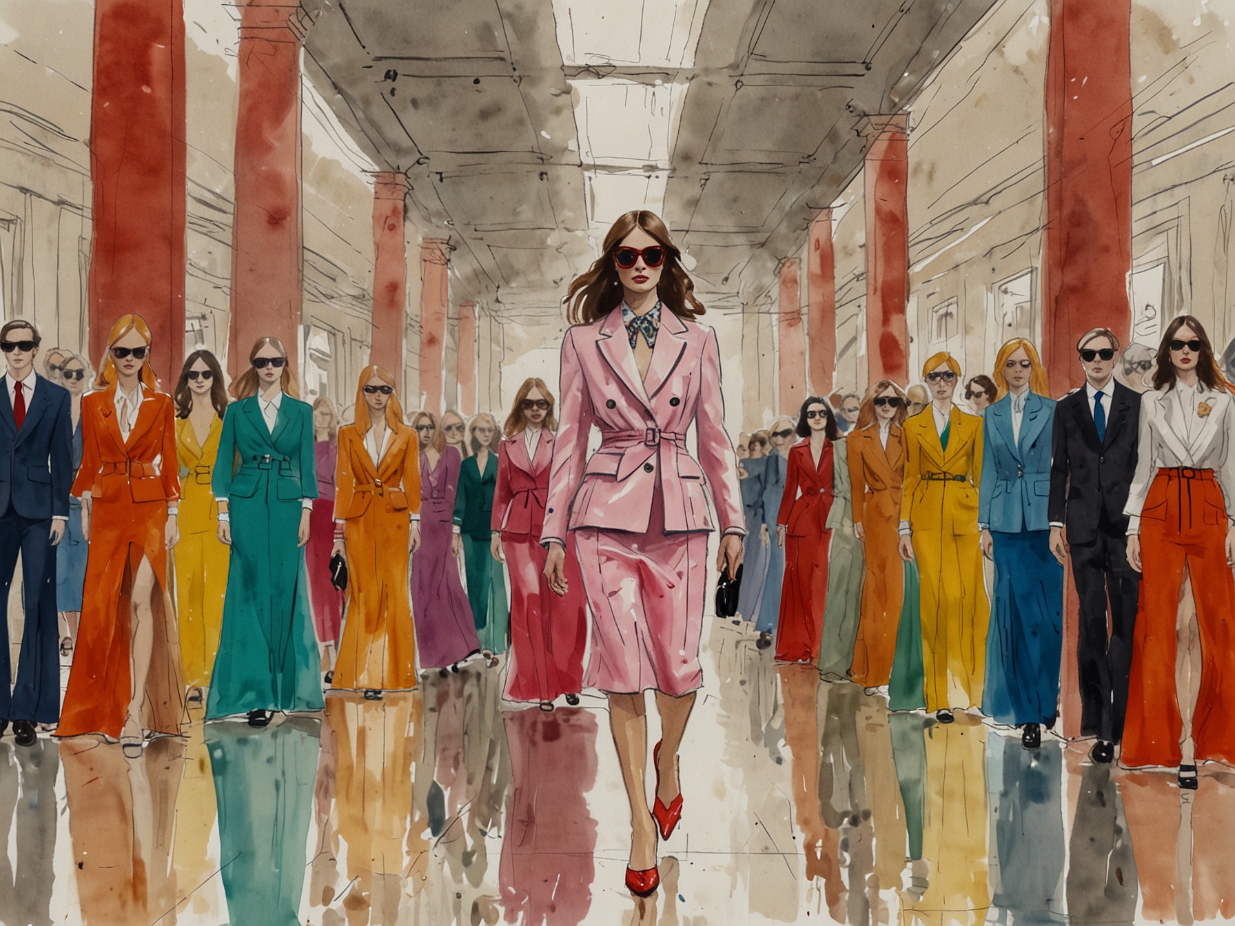 A dazzling runway featuring models in Sabato De Sarno's debut Gucci collection, showcasing bright, bold colors and precise tailoring, capturing the essence of contemporary Italian fashion.