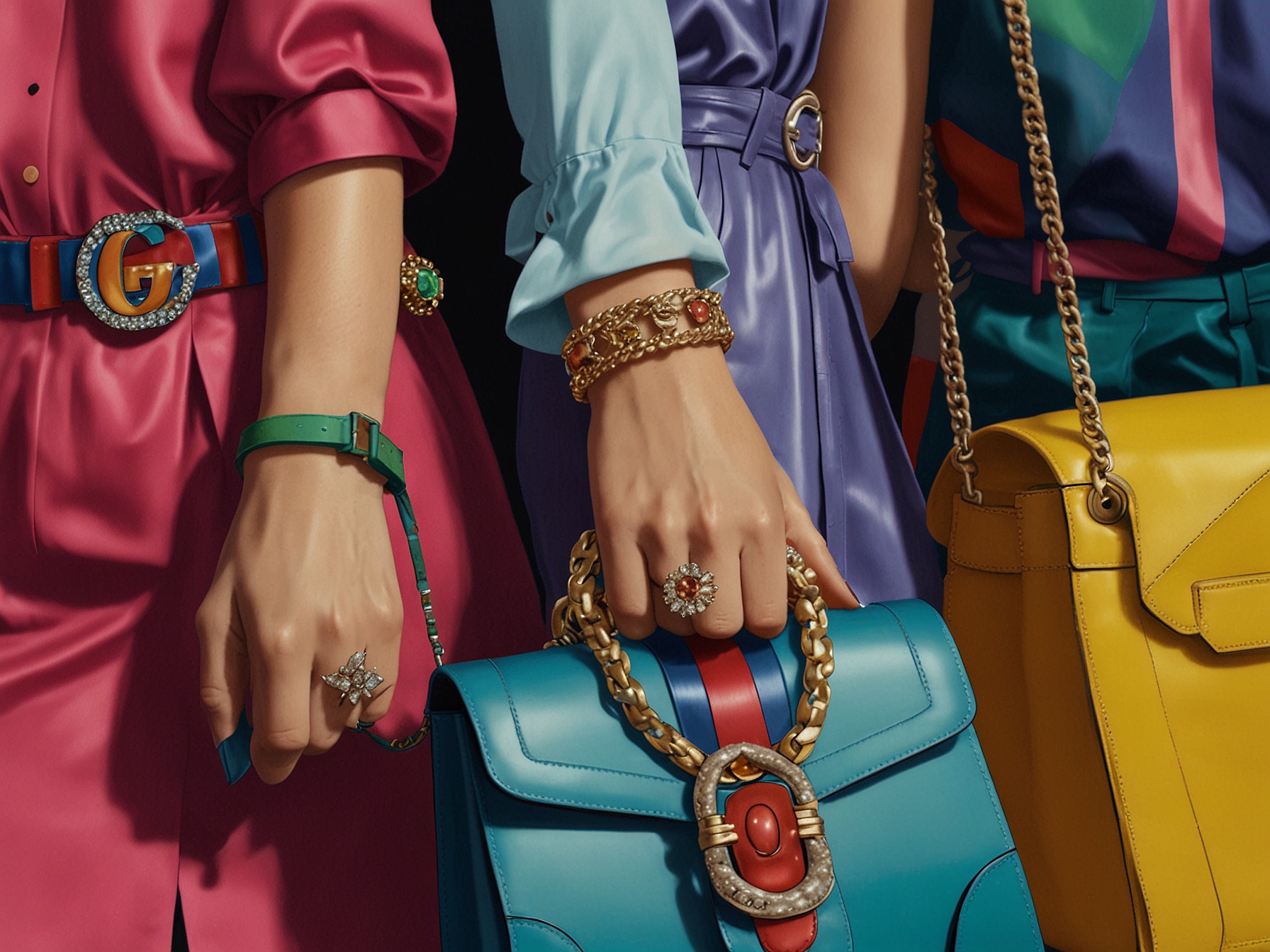Close-up of models adorned with chunky statement jewelry and unconventional bags, highlighting the vibrant accessories that complemented the colorful garments in De Sarno's Gucci collection.