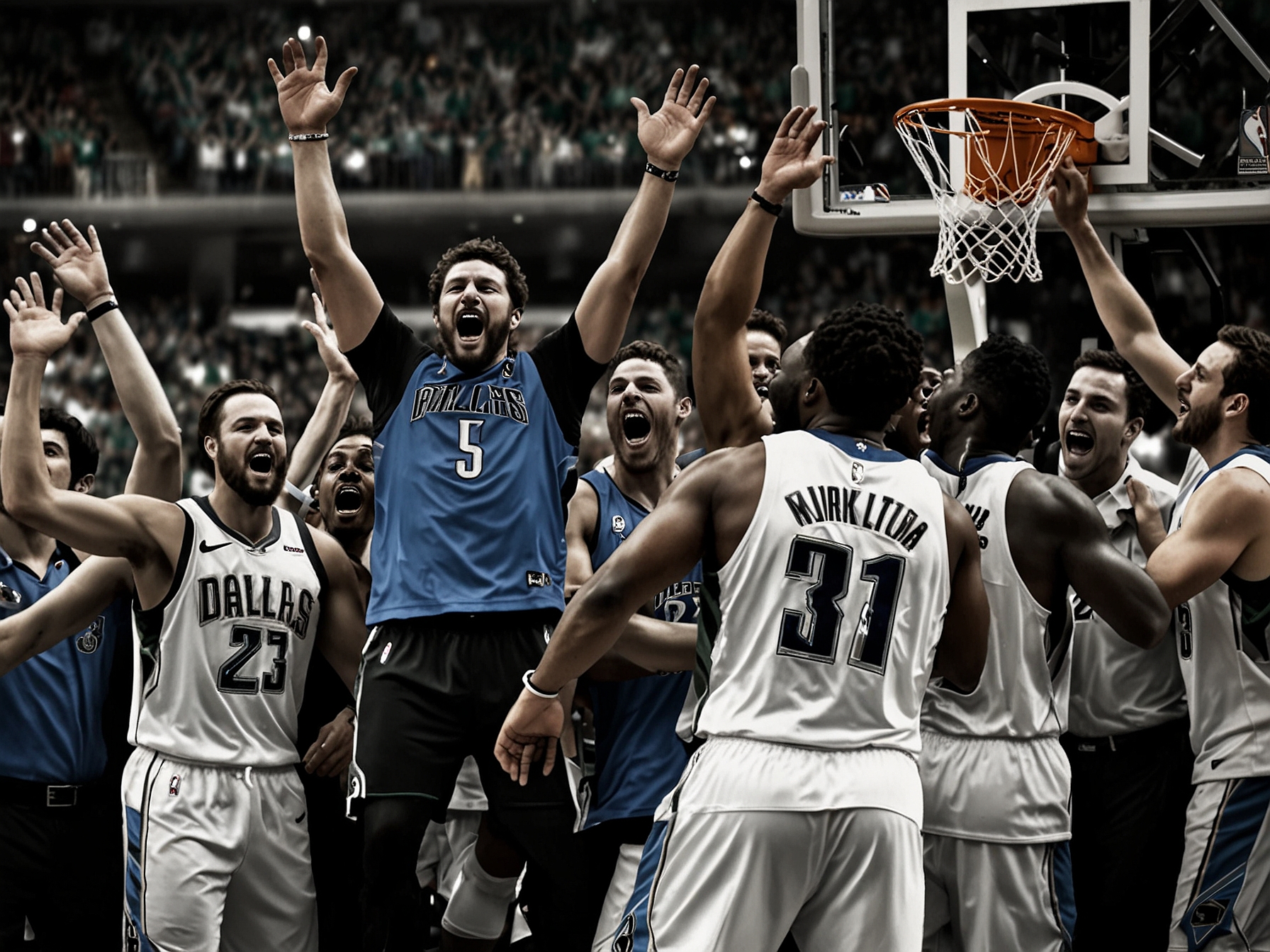 An image showing Dallas Mavericks players celebrating their remarkable 27-point comeback victory against the Boston Celtics in the NBA Finals, showcasing ecstatic team spirit.