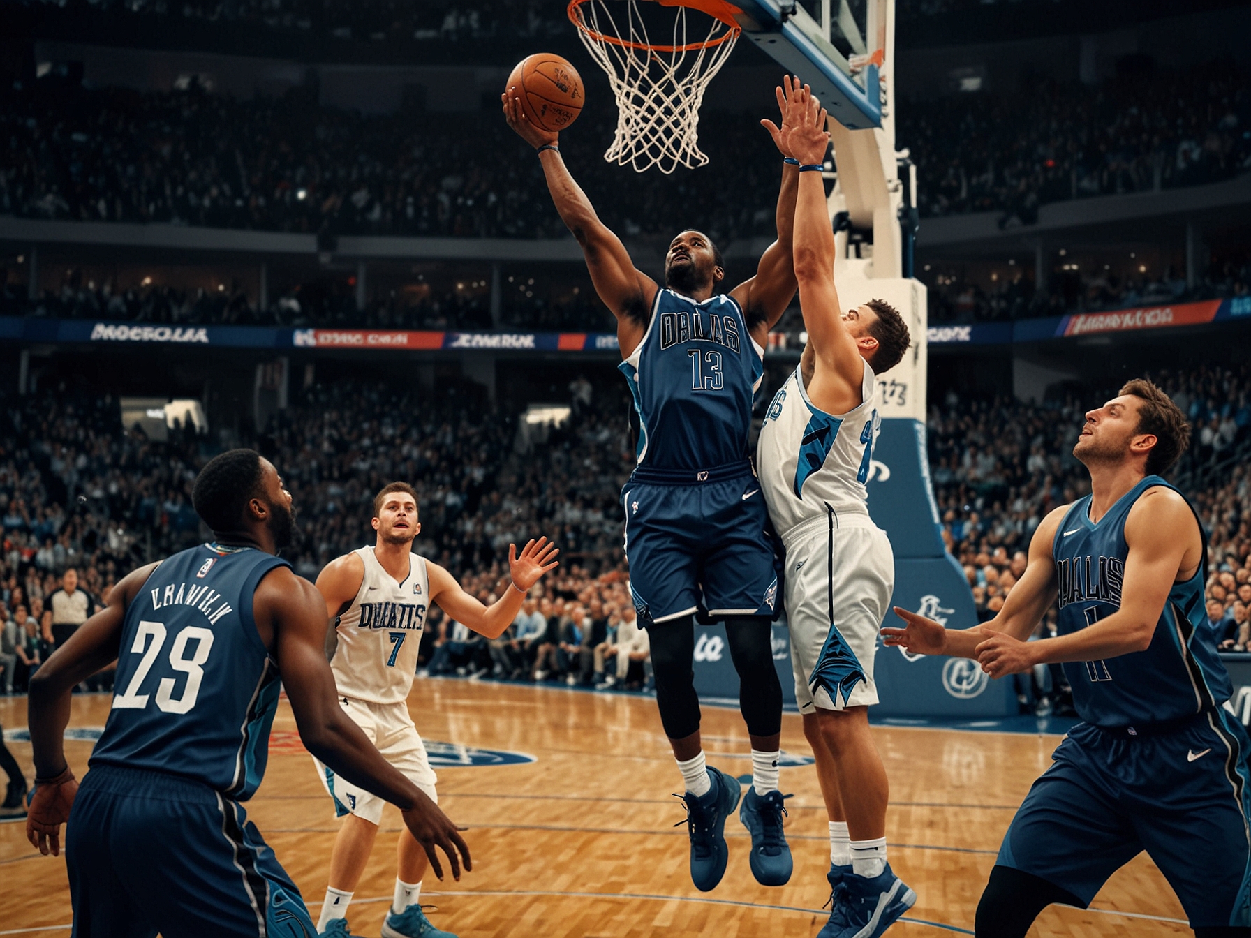A detailed illustration of the game, capturing the pivotal moment in the third quarter where the Dallas Mavericks shifted momentum with exceptional defensive efforts and strategic plays.