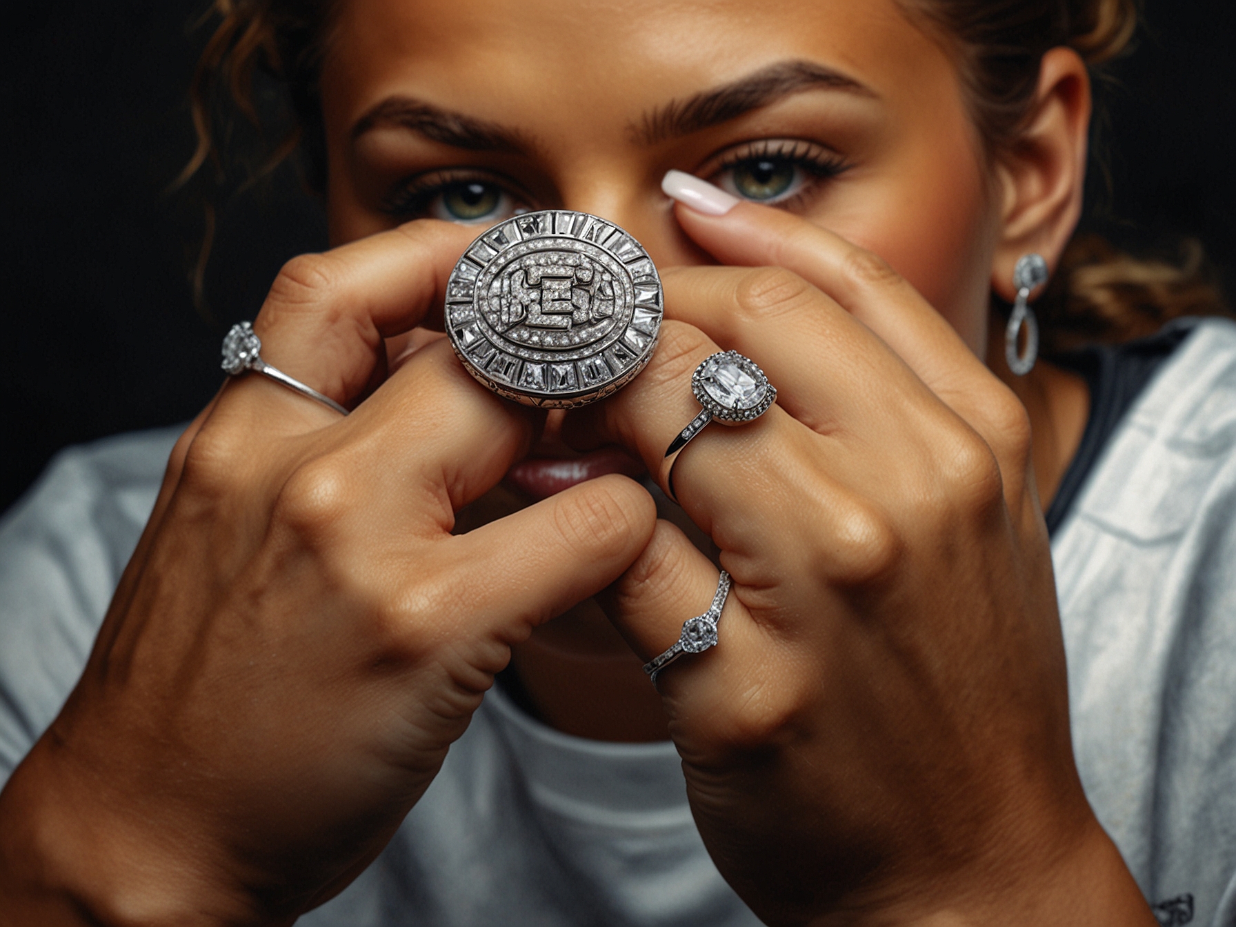 Brittany Mahomes captures a close-up of the Chiefs' Super Bowl rings, showcasing their intricate design and precious stones, symbolizing the team's hard work and achievement.