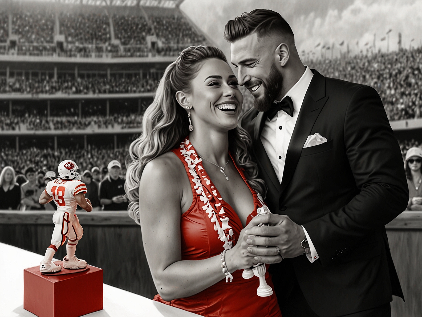 Brittany Mahomes playfully displays a Travis Kelce action figure at the ceremony, adding a lighthearted touch and highlighting the camaraderie within the Chiefs team.