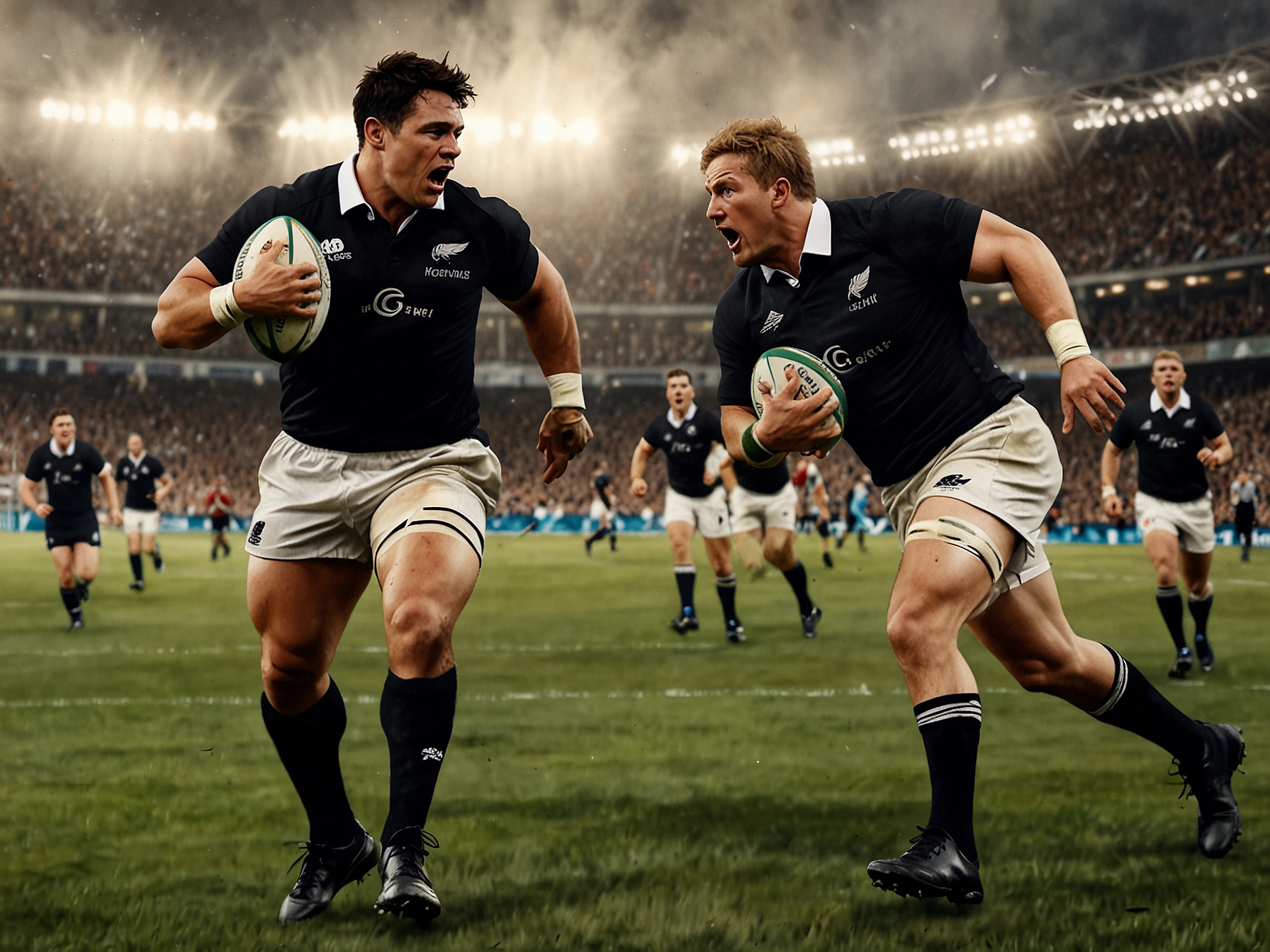 A high-action image of a past match between the All Blacks and England, illustrating the intense competition and physical prowess characteristic of their historic encounters.
