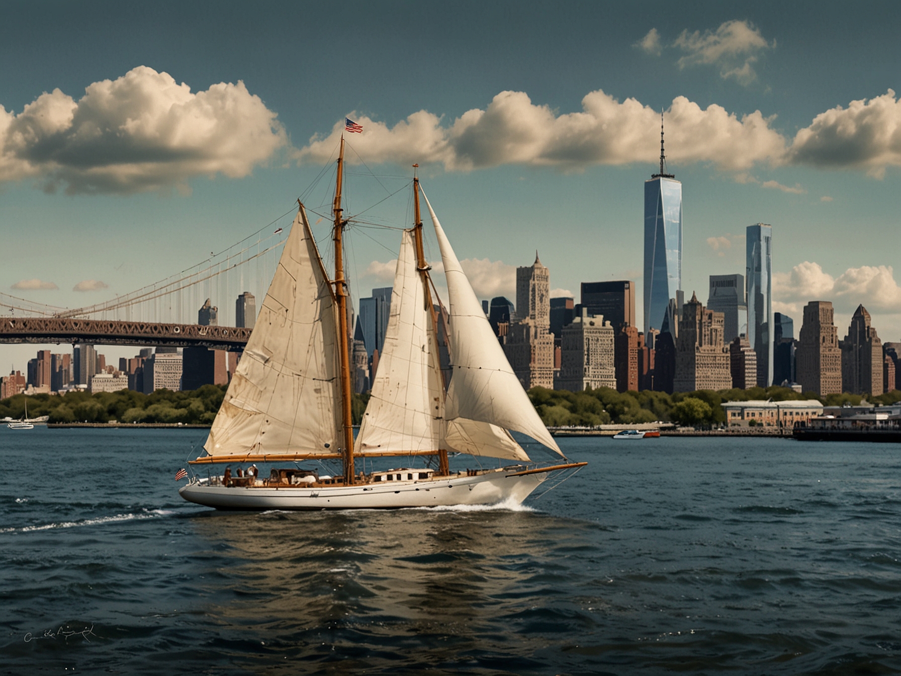 An elegant 70-foot antique sailboat glides across New York Harbor with the Manhattan skyline in the background, showcasing the luxurious Spring Sailing experience offered by The Mark Hotel.