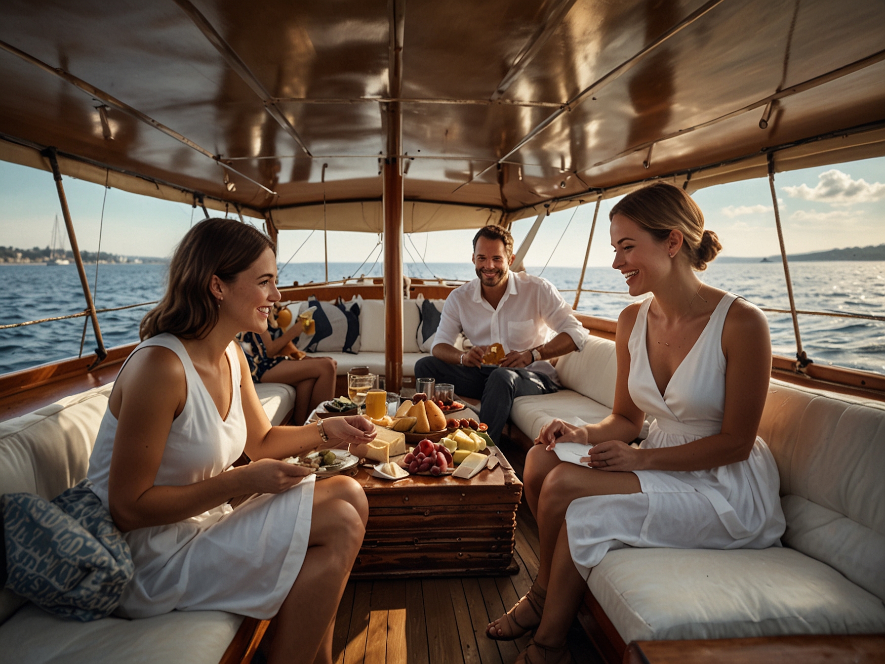 Passengers enjoy a gourmet picnic with artisanal cheeses, charcuterie, and champagne on the deck of a beautifully restored antique sailboat, emphasizing the refined dining and opulent ambiance.