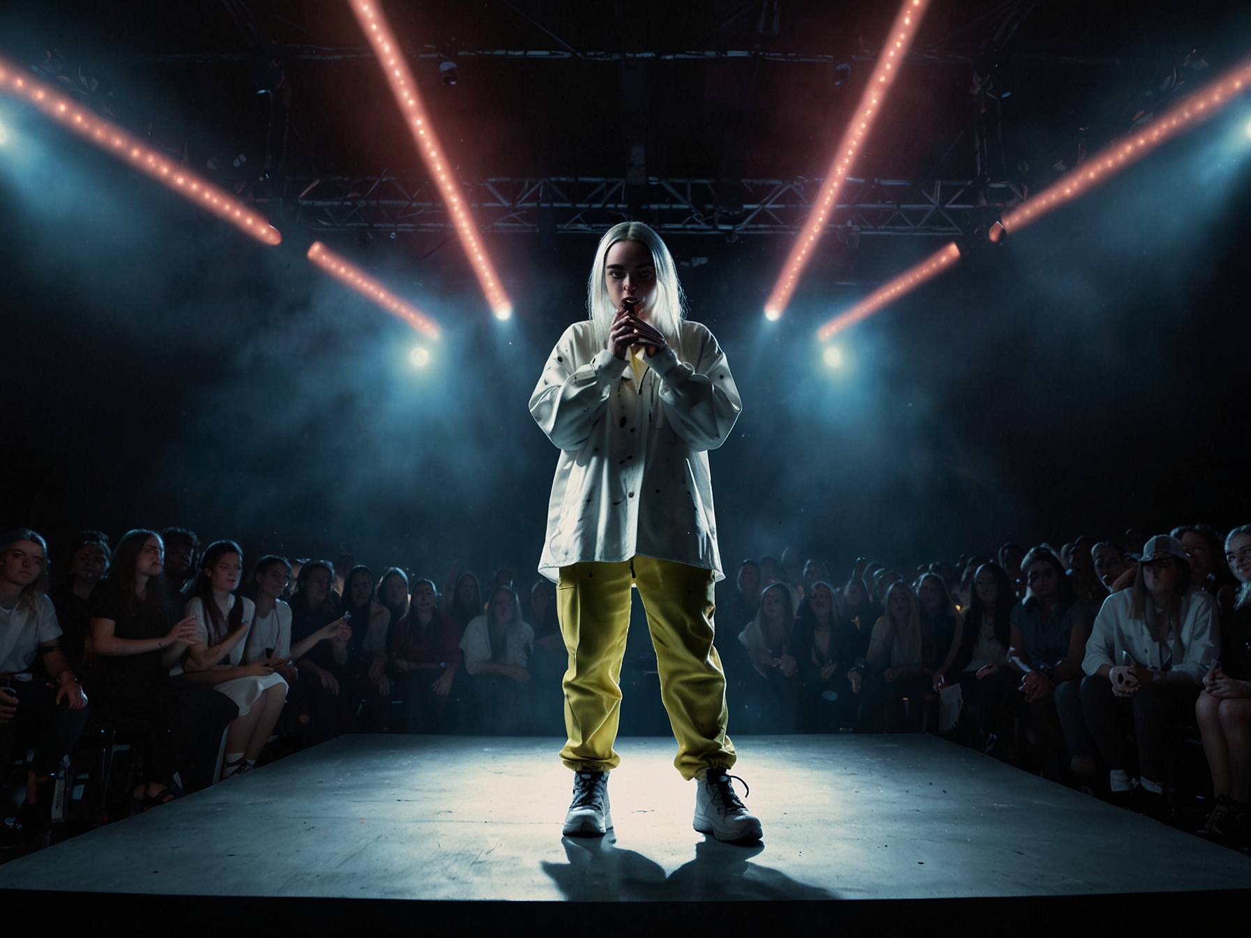 Billie Eilish performing on stage with vibrant lights, capturing her emotional and dynamic stage presence. This image reflects her dominance on the Australian albums chart with 'Hit Me Hard And Soft.'