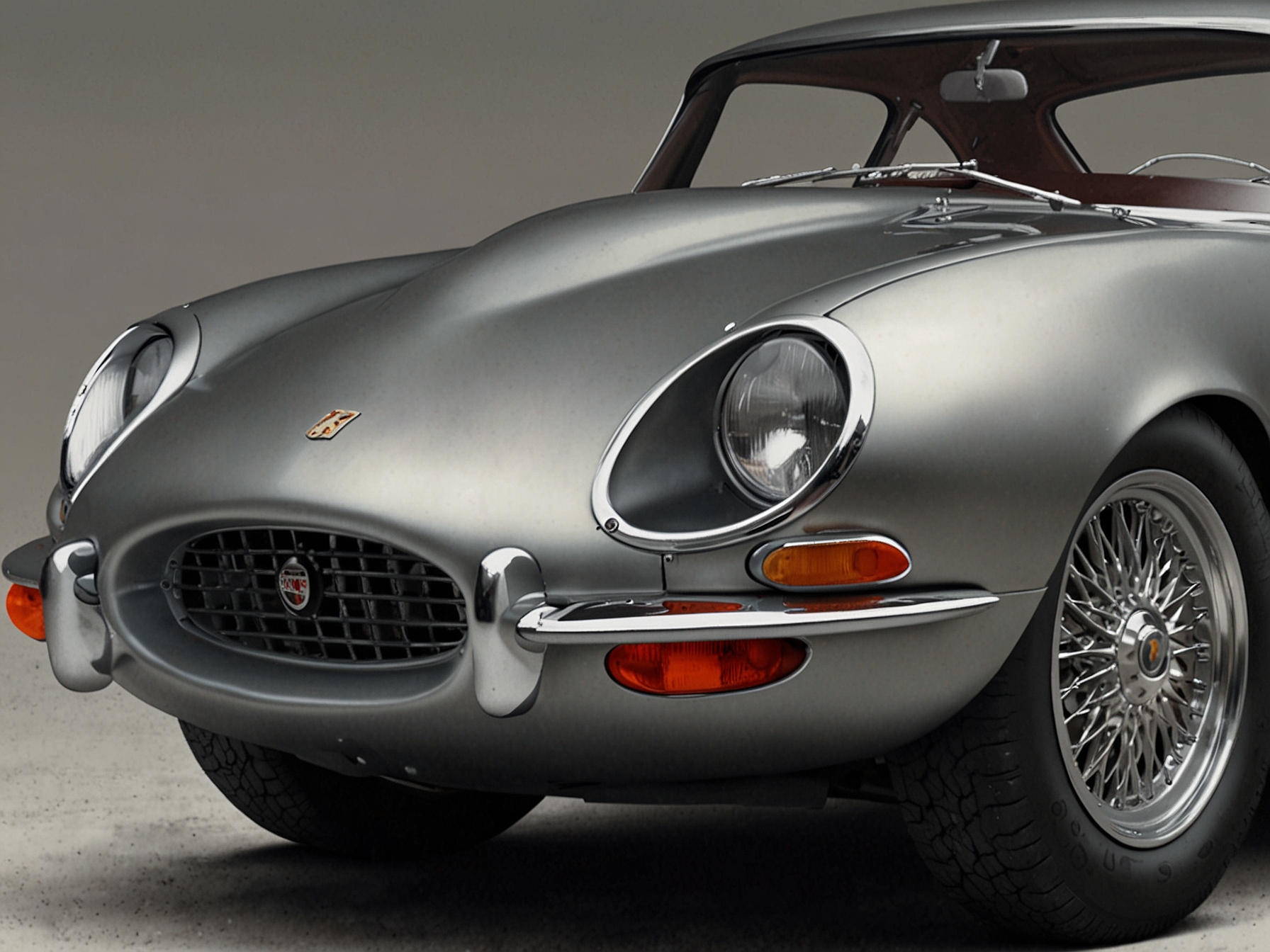 A front-side view of the re-created 1964 Jaguar E-Type Low-Drag Coupe in metallic silver, showcasing its sleek and aerodynamic design, reminiscent of classic racing cars from the 1960s.