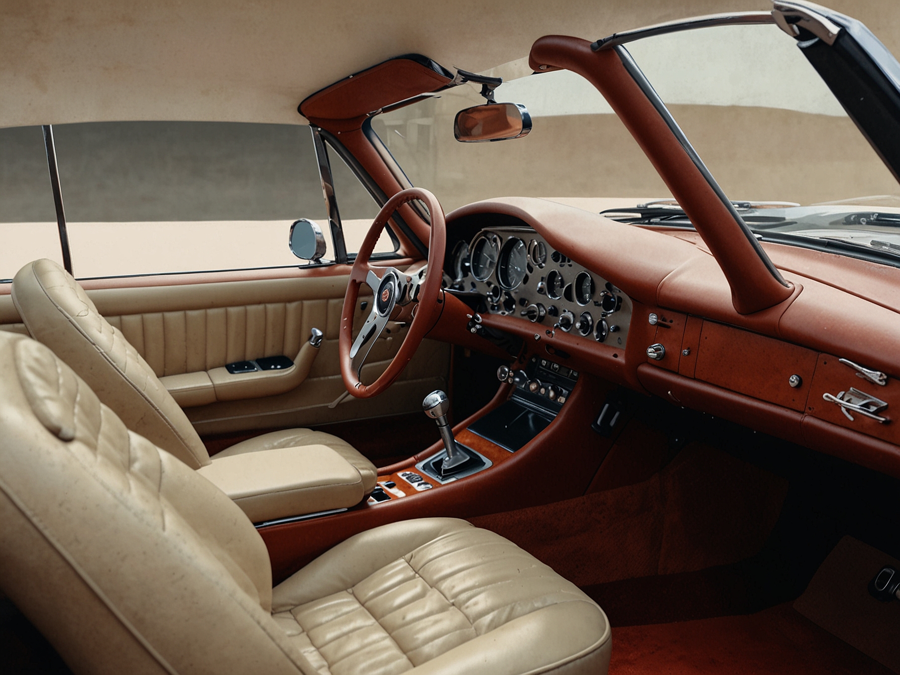 The interior of the 1964 Jaguar E-Type Low-Drag Coupe re-creation, featuring faithfully restored leather seats, classic dials, and switches on the dashboard, offering a luxurious and authentic driving experience.
