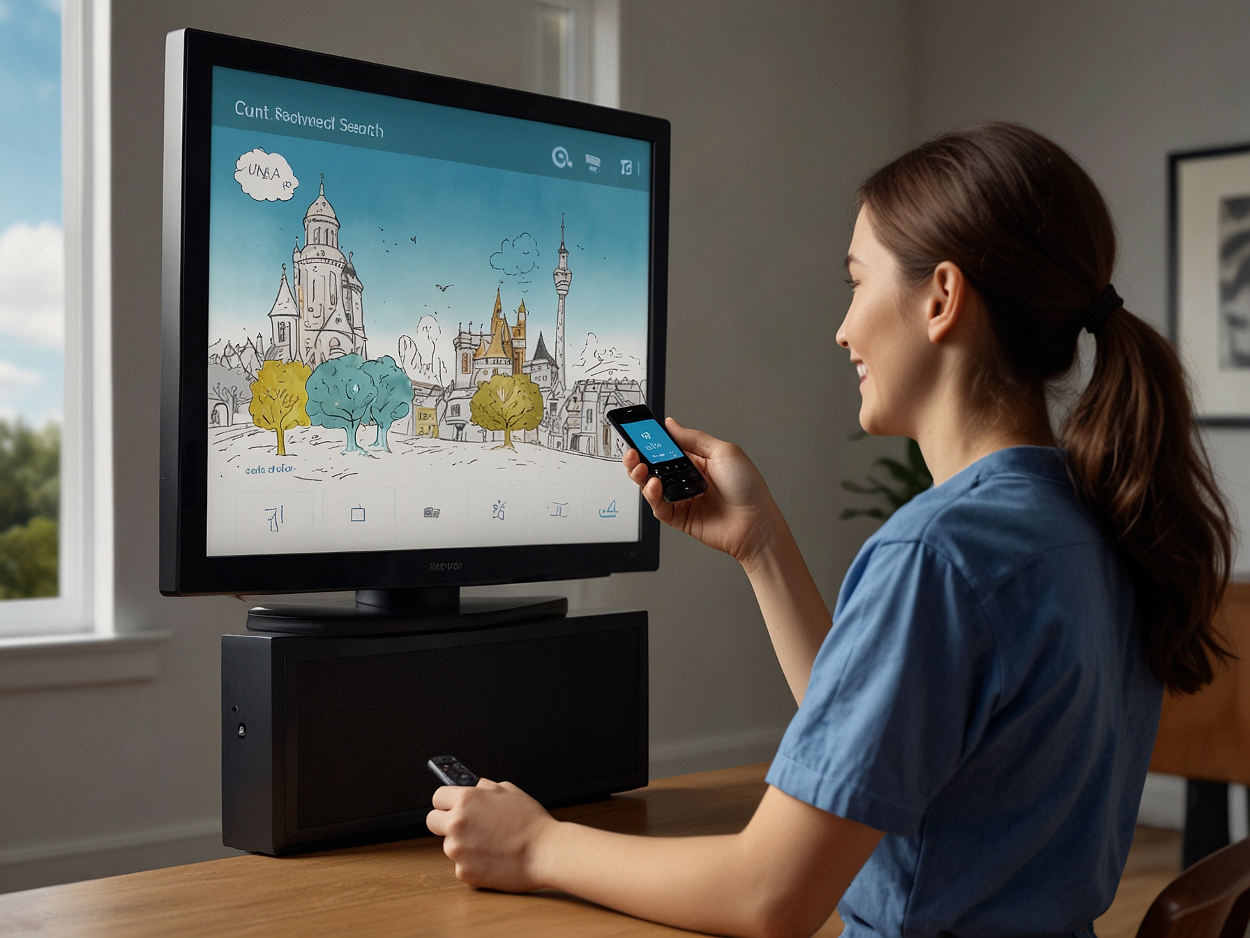 An image showing a user engaging with the enhanced voice search feature on a Sky remote control, demonstrating the ease and accuracy of finding content quickly.