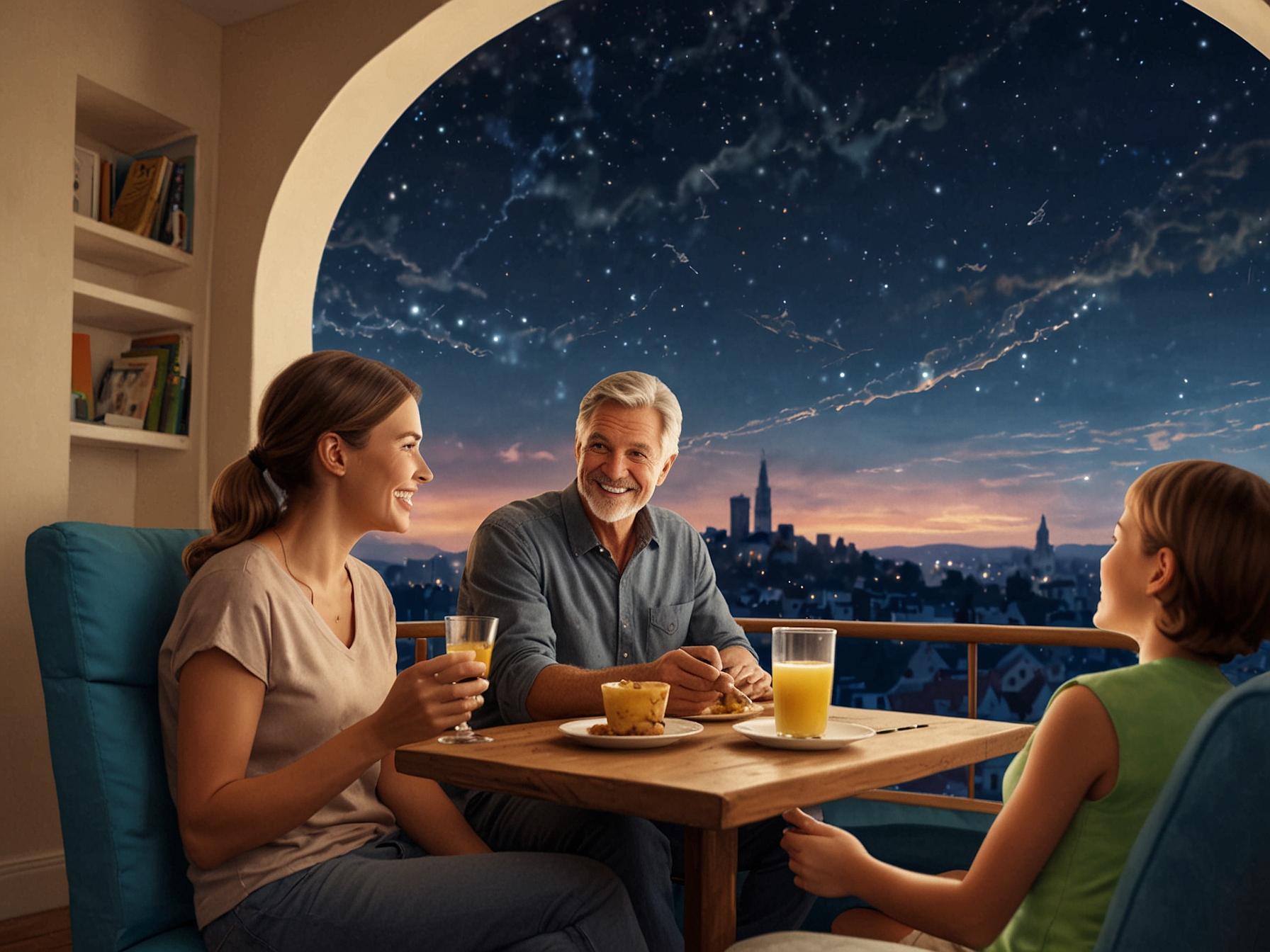 A depiction of a family enjoying the improved Sky Kids Mode, highlighting the safe and entertaining environment with age-appropriate content and easy parental controls.