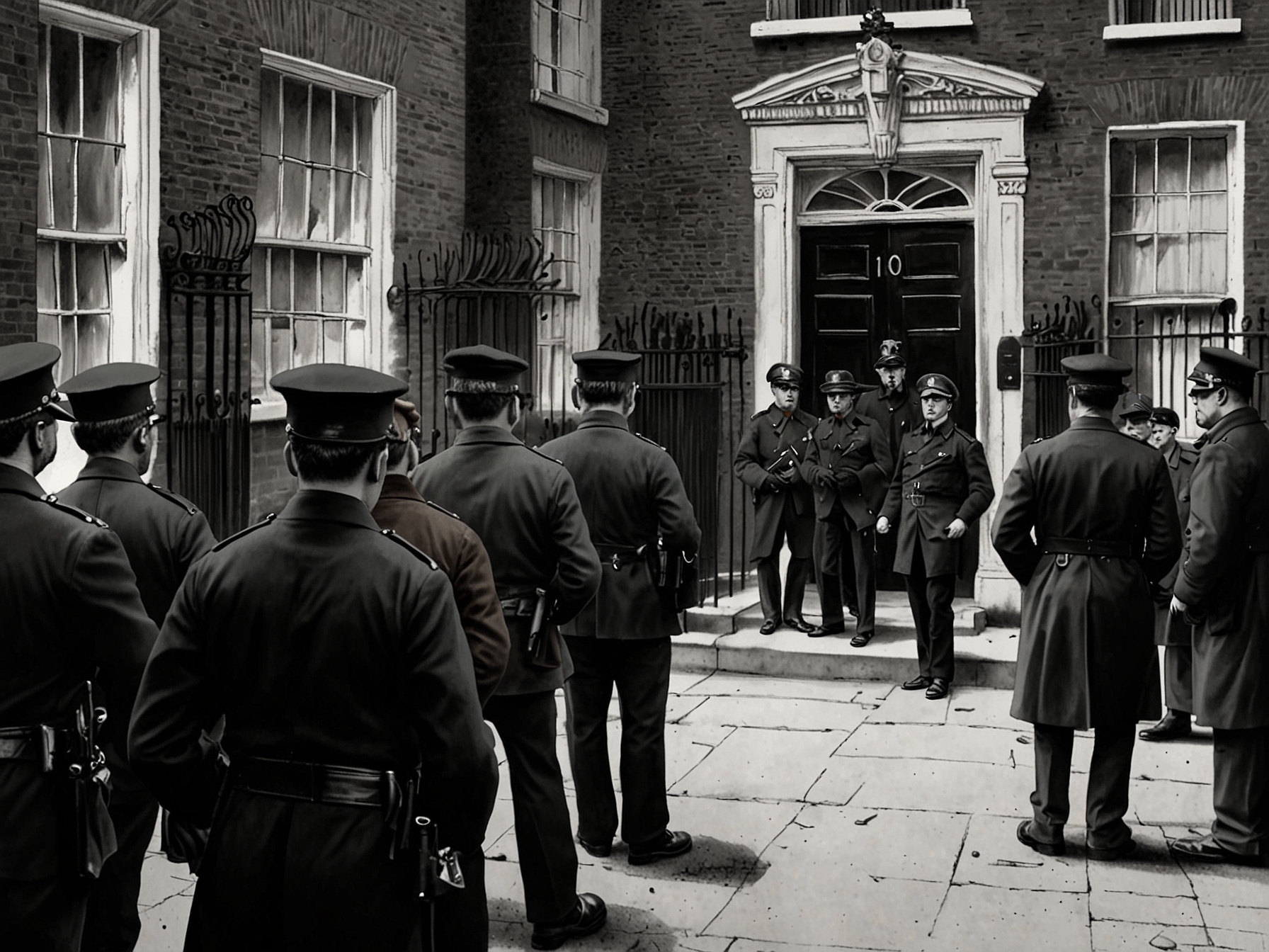 A historical police raid scene showing officers at 34 Montagu Square, London, where Lennon was arrested, highlighting the incident's intensity and media attention.