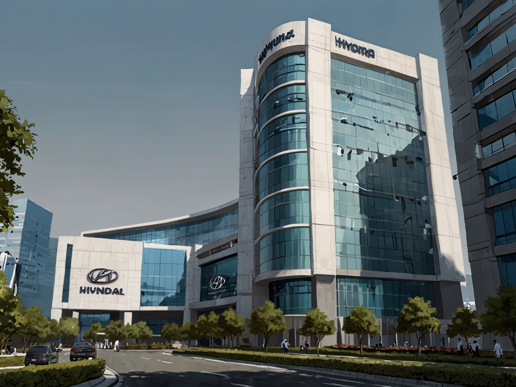 An illustration showing the Hyundai Motor India headquarters with a vibrant backdrop of the Indian stock exchange, symbolizing the company's upcoming IPO and market excitement.