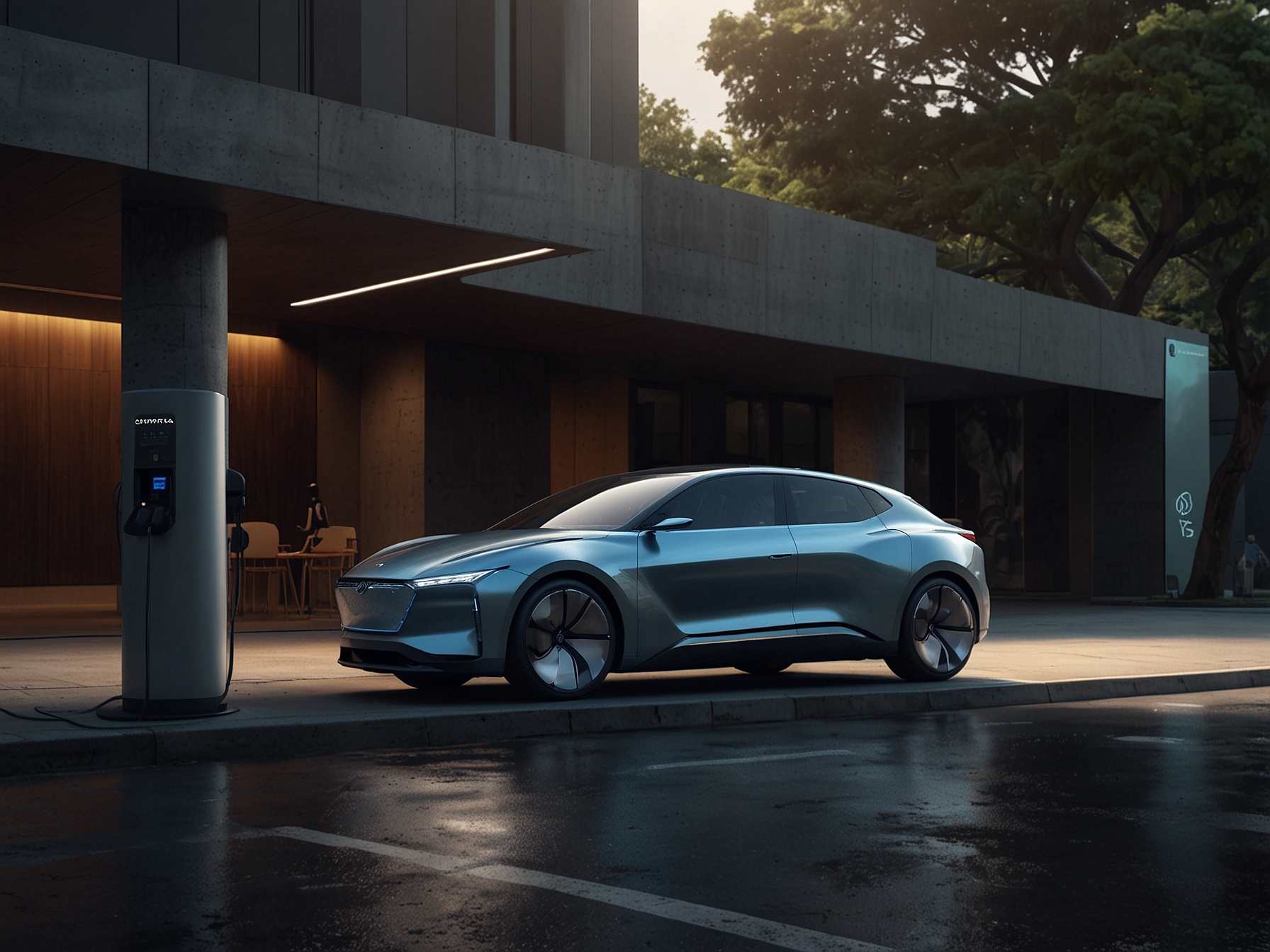 A futuristic Hyundai electric vehicle concept car beside a charging station, representing the company's strategic focus on EV technology and sustainable automotive advancements post-IPO.