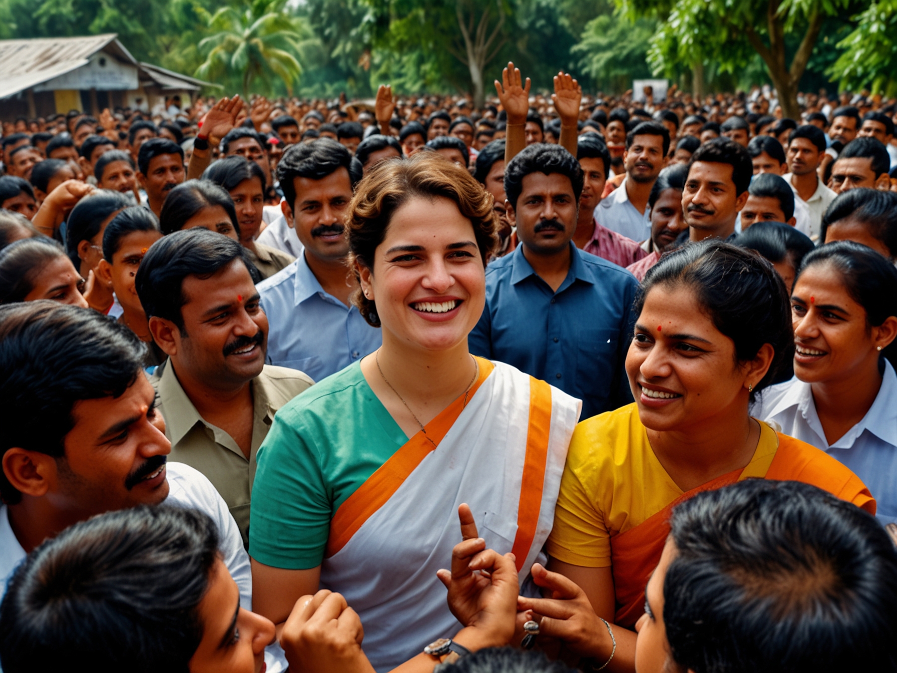 Priyanka Gandhi engaging with a diverse crowd in Wayanad, illustrating her appeal among younger voters and her role in energizing the Congress’s campaign in southern India.