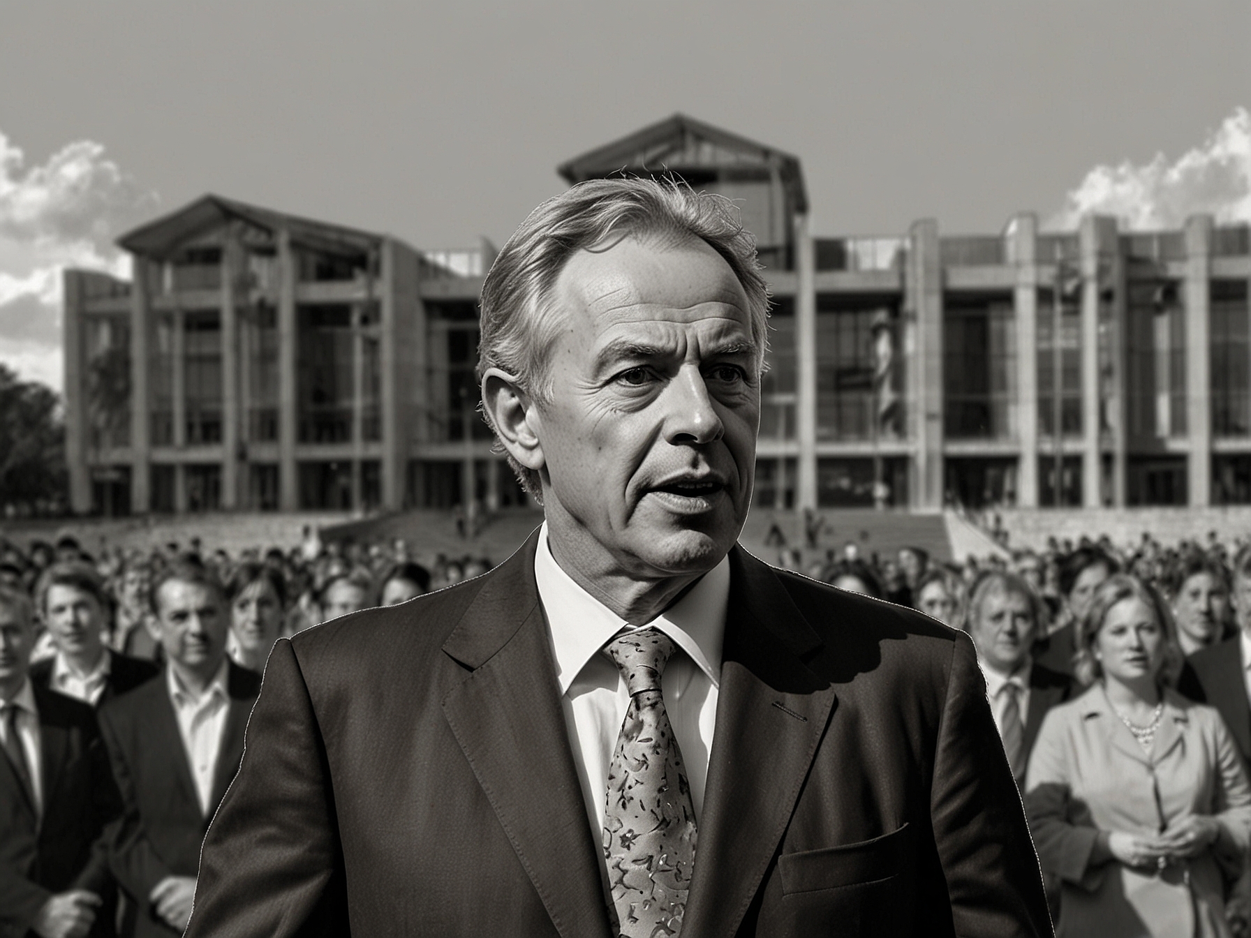 An image showing Sir Tony Blair speaking at an event, emphasizing the success of devolution, with the Scottish Parliament building in the background to signify regional governance.