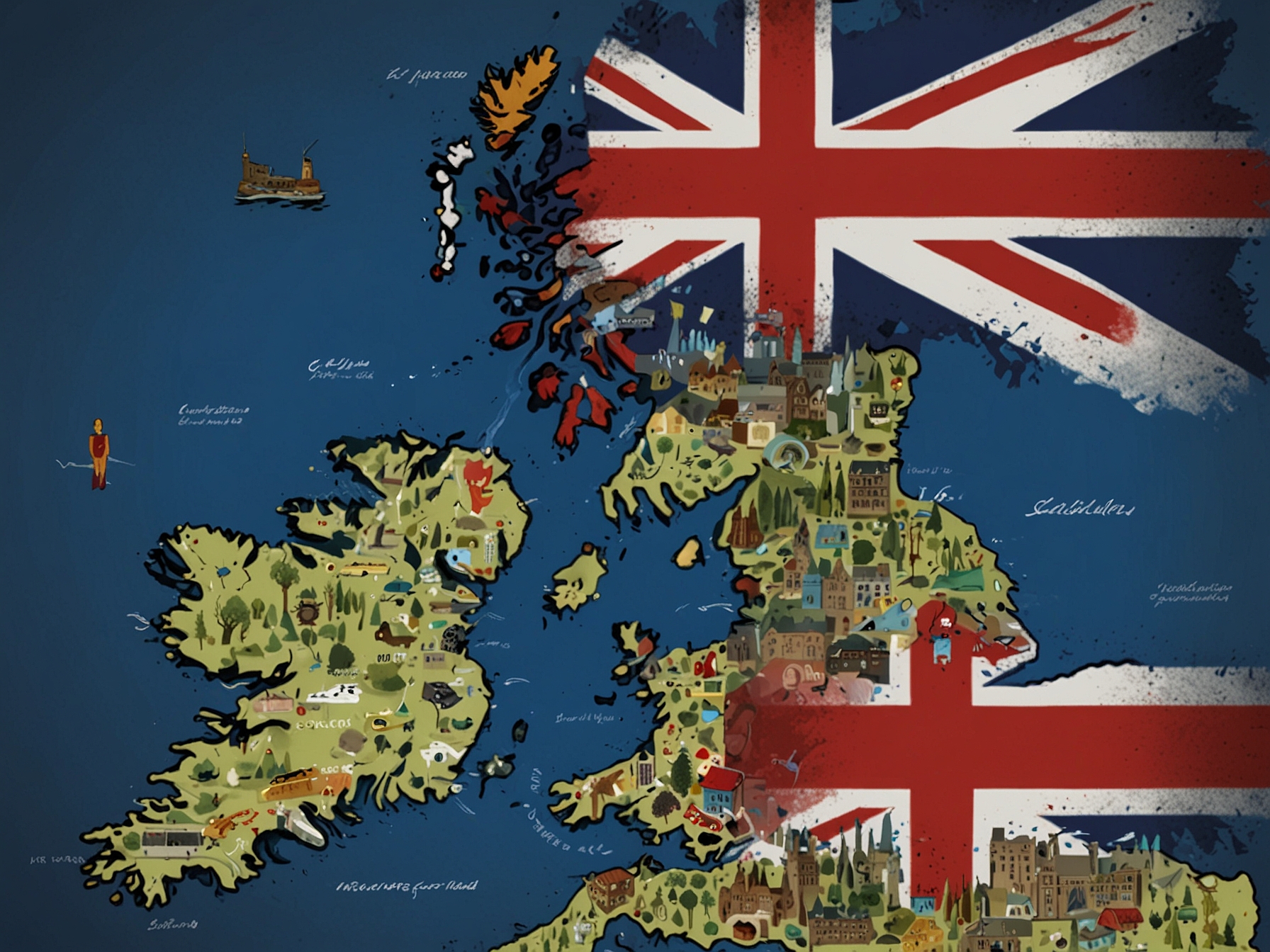 A map of the United Kingdom highlighting Scotland, with icons depicting healthcare, education, and transportation to illustrate the various areas under Scotland's devolved control.