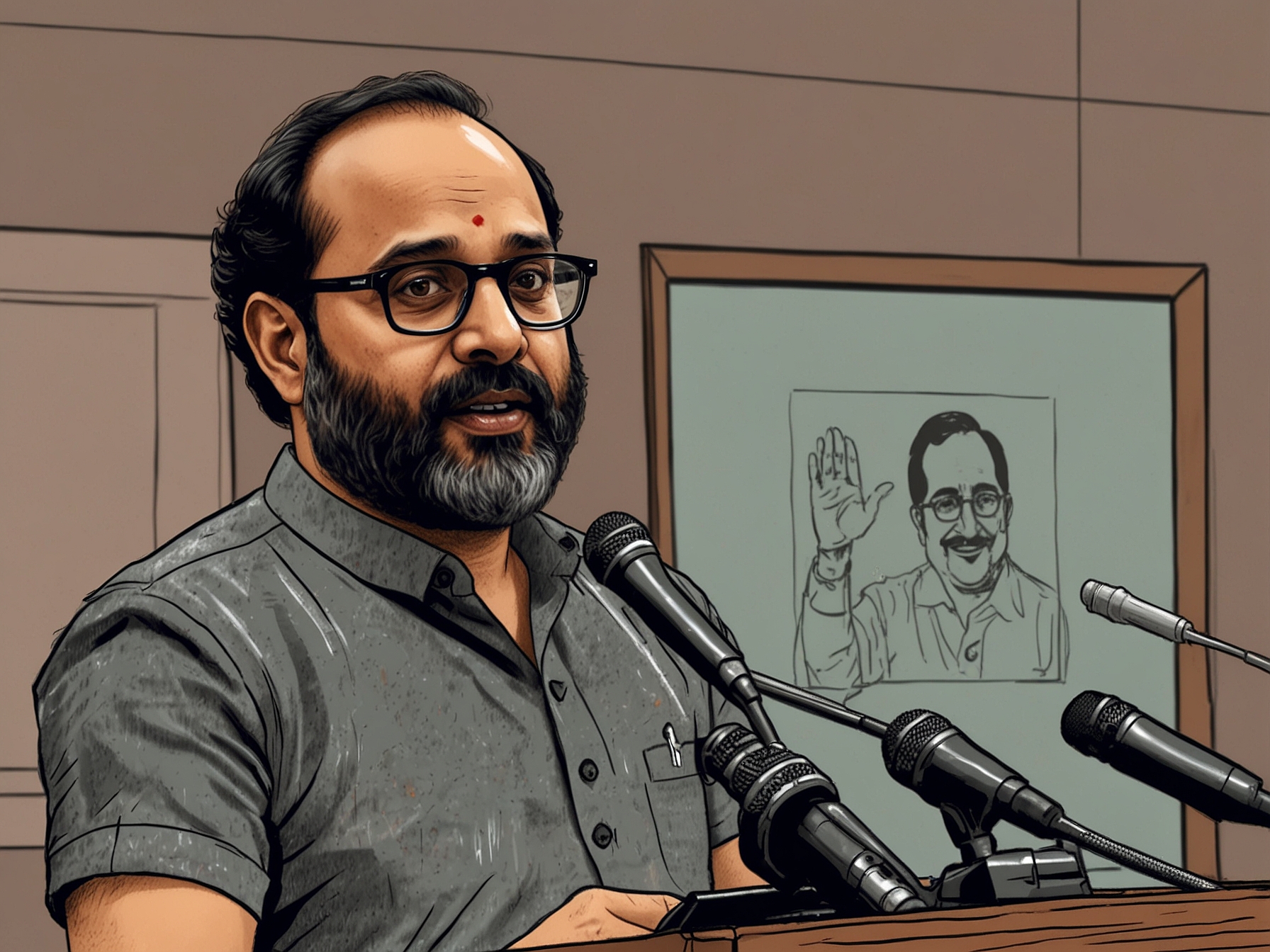 Rajeev Chandrasekhar addressing a press conference, emphatically criticizing the Congress party's decision to field Priyanka Gandhi from Wayanad, pointing to dynastic politics.