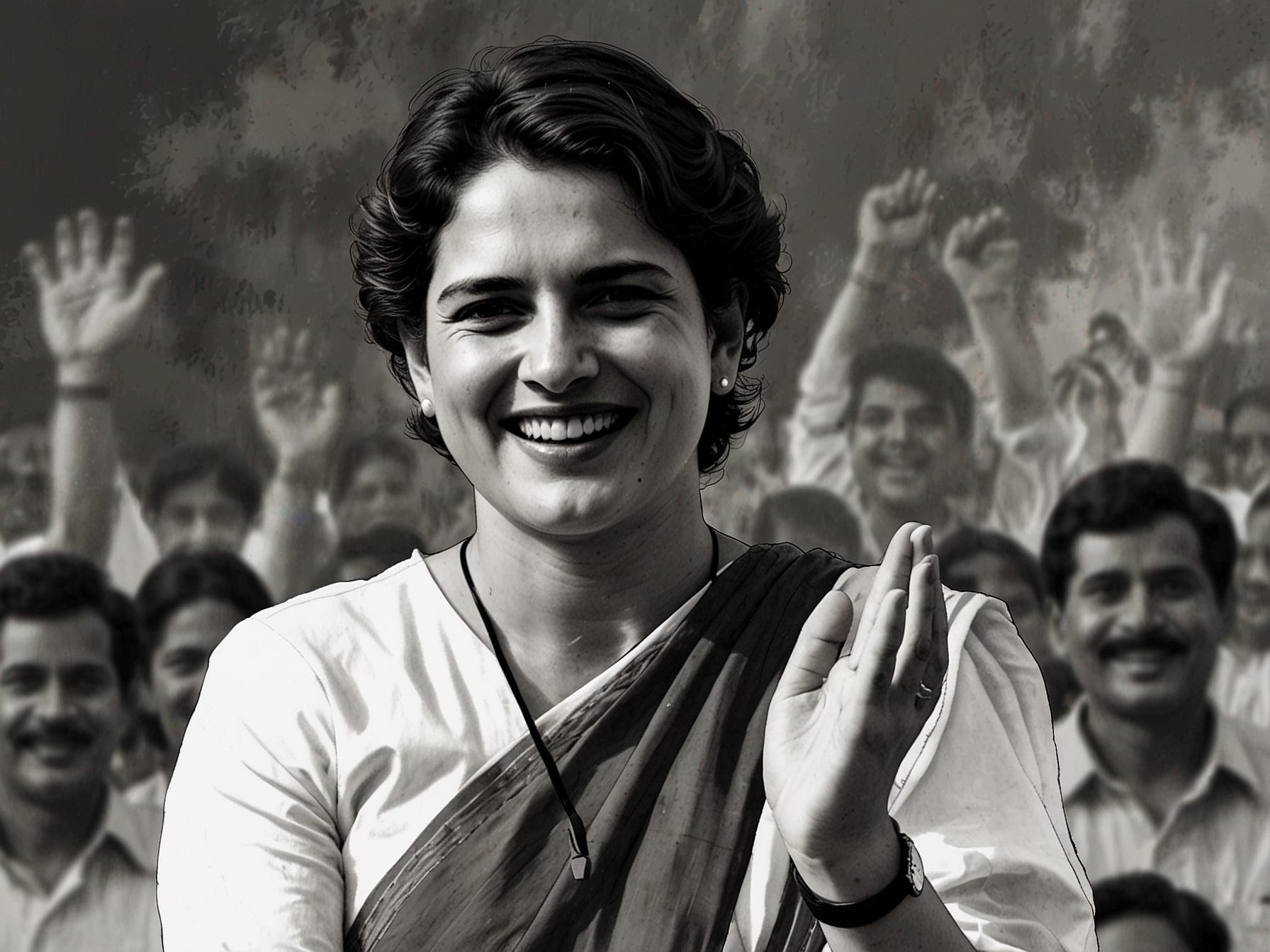Priyanka Gandhi smiling and waving at a political rally in Kerala, engaging with the crowd with her characteristic charisma, symbolizing her campaign efforts in Wayanad.