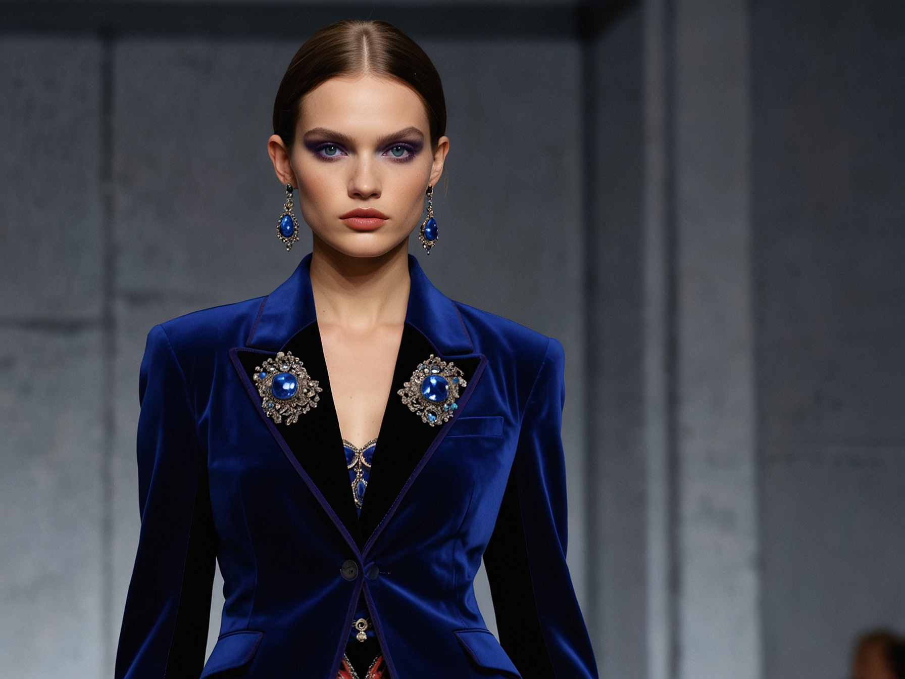 A model struts down the Milan Fashion Week runway in a structured blazer made of deep purple velvet, highlighted by intricate gemstone accessories and bold, electric blue makeup.