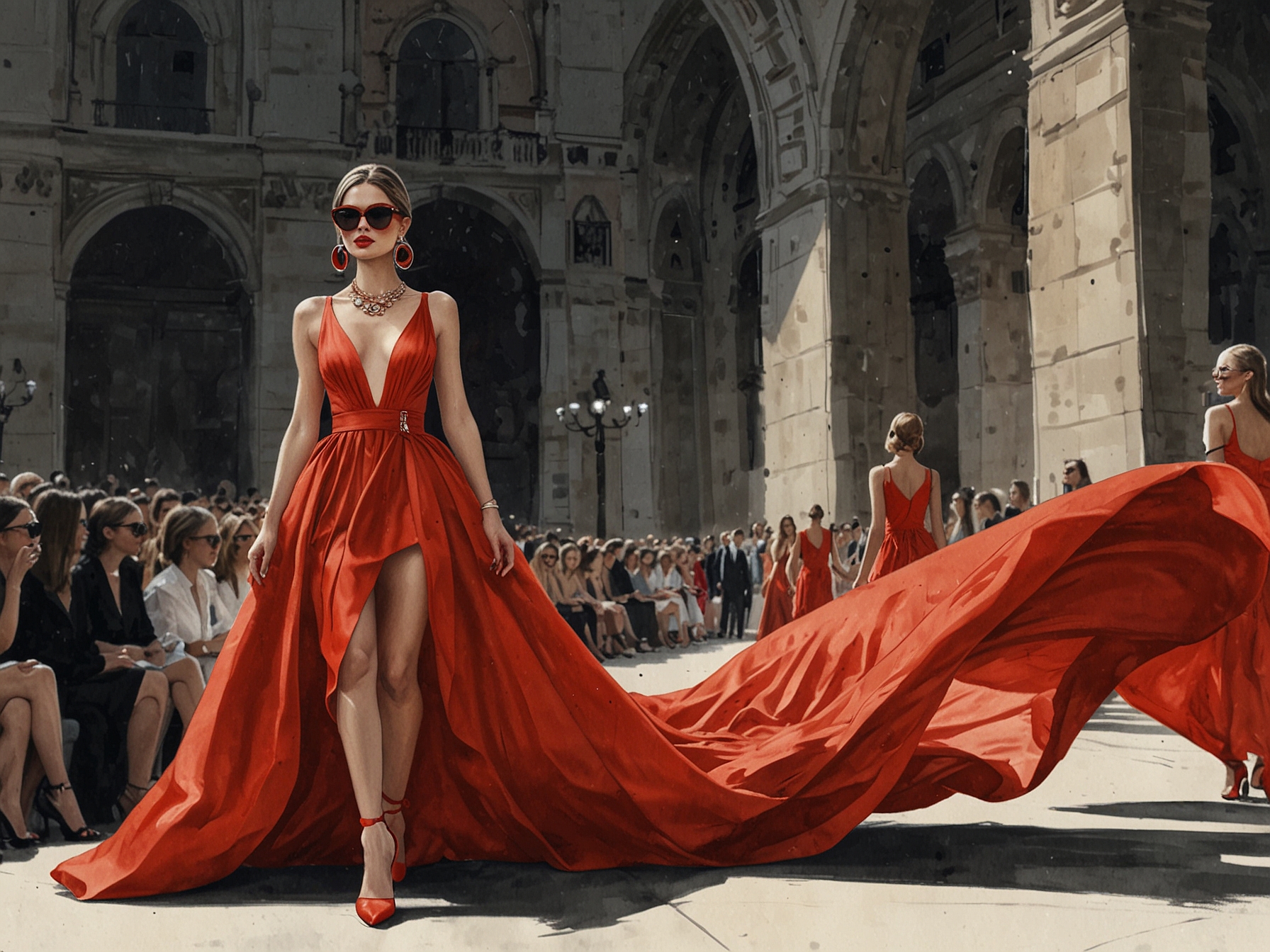 A flowing evening gown in fiery red, accentuated with oversized sunglasses and statement necklaces, captures the audience's attention on the Milan Fashion Week runway.