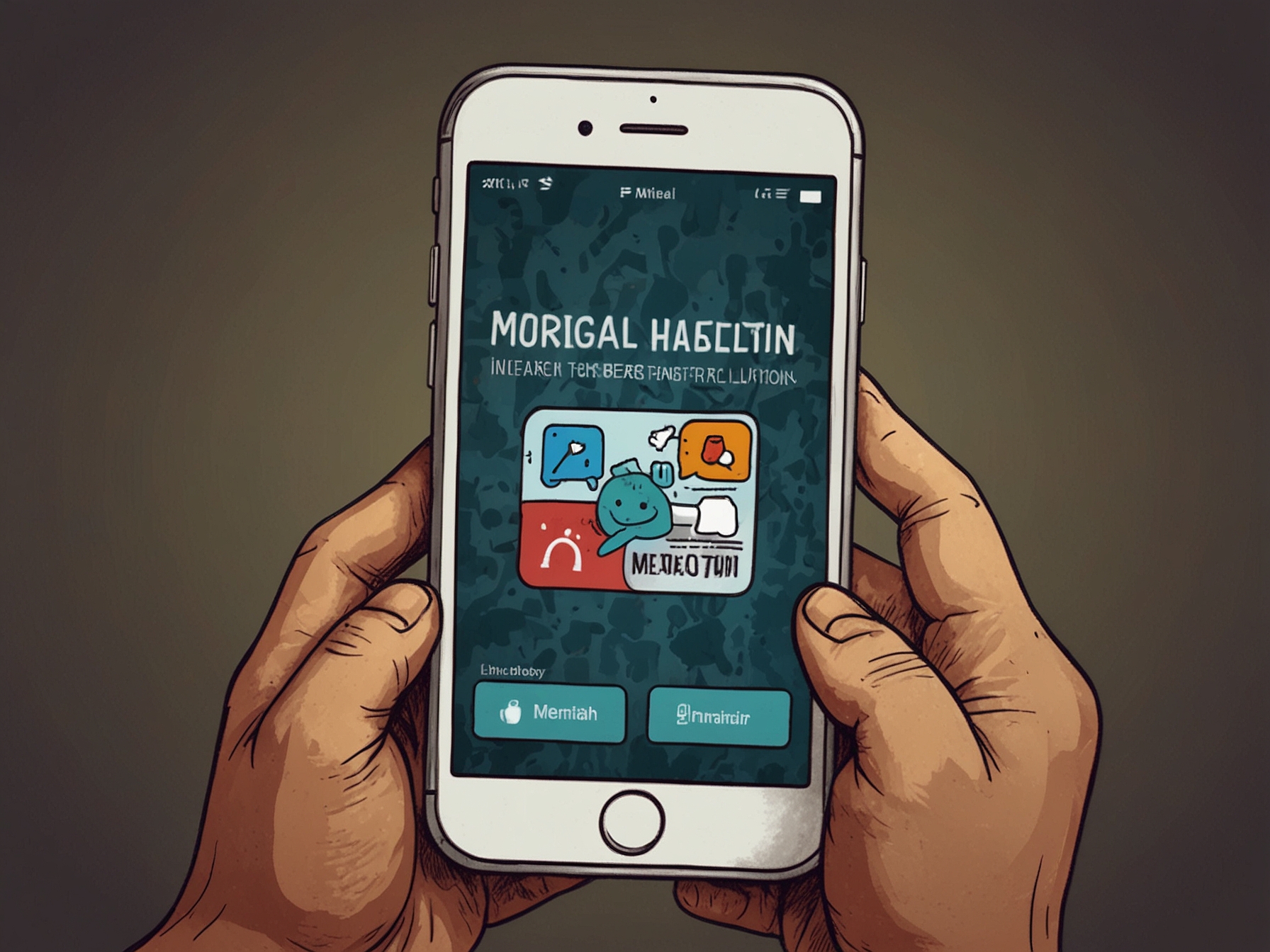 Illustration of a social media app with a prominent warning label highlighting potential mental health risks such as anxiety, depression, and addiction.