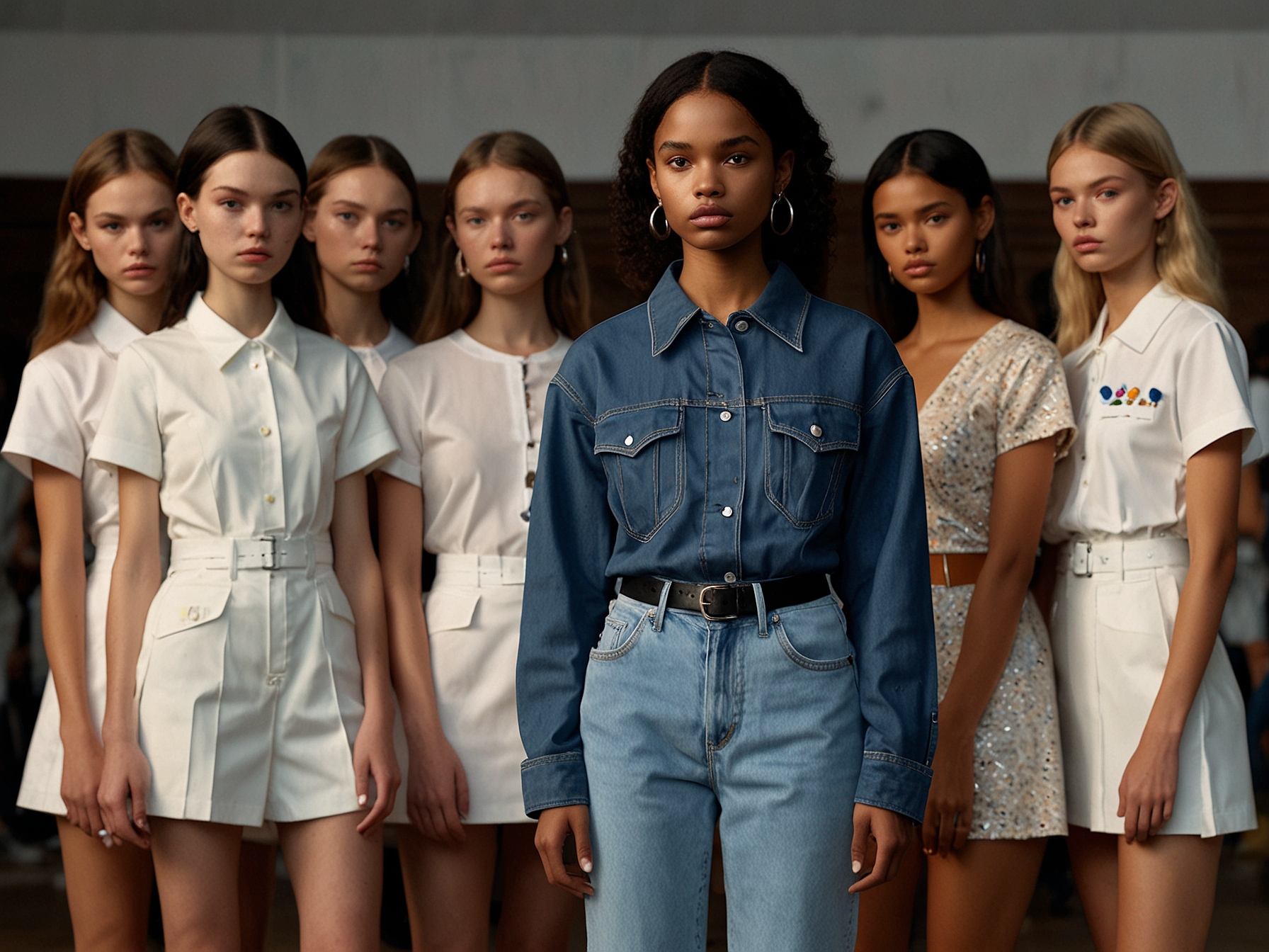 Martine Rose stands teary-eyed, surrounded by her team and models, celebrating the successful debut of her SS25 collection at Milan Fashion Week, highlighting an emotional British homecoming.
