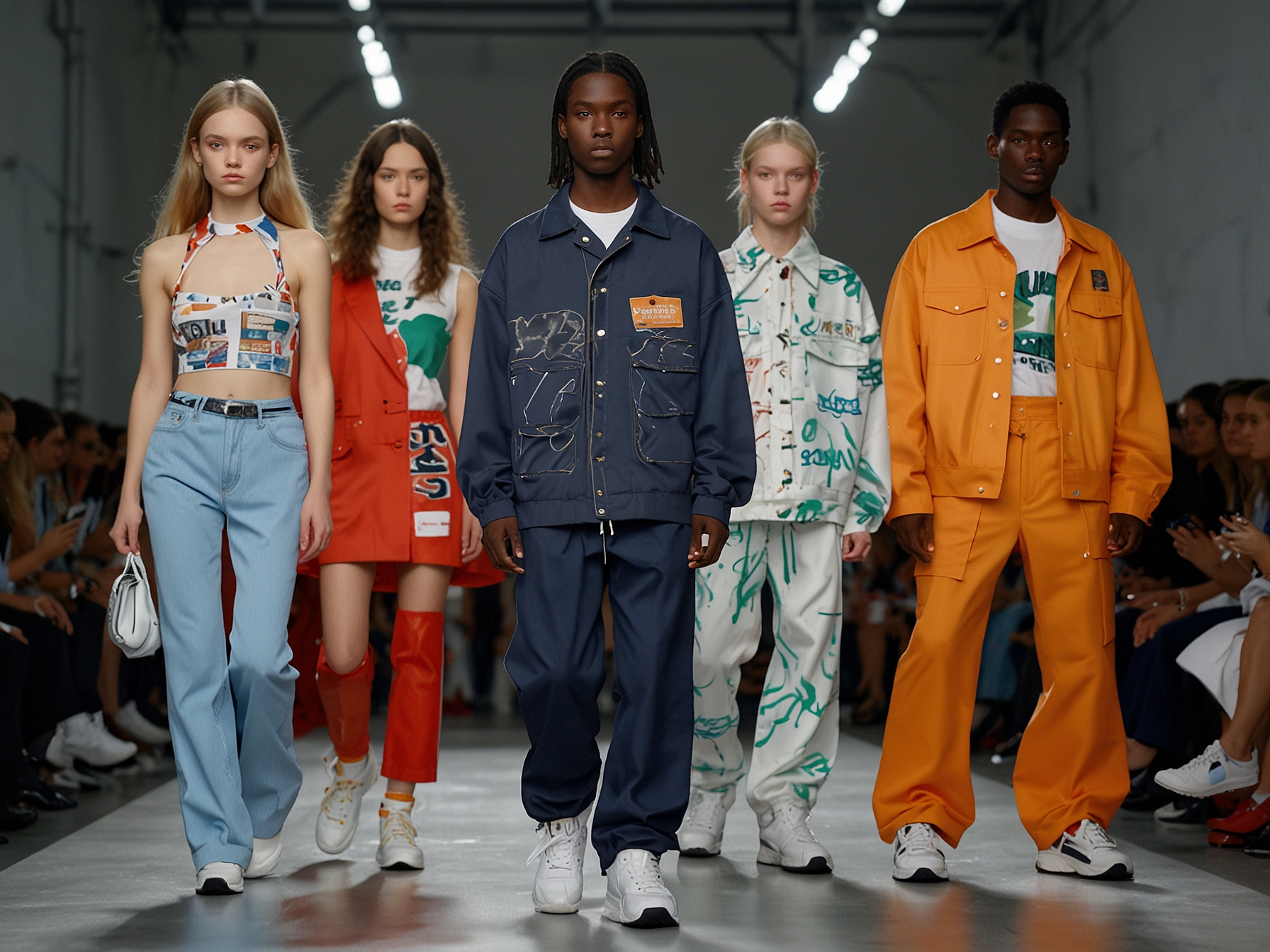 Models showcase Martine Rose's innovative SS25 designs with oversized silhouettes, splotched patterns, and signature sportswear elements on the dynamic runway against a backdrop of branded posters and discarded fabrics.
