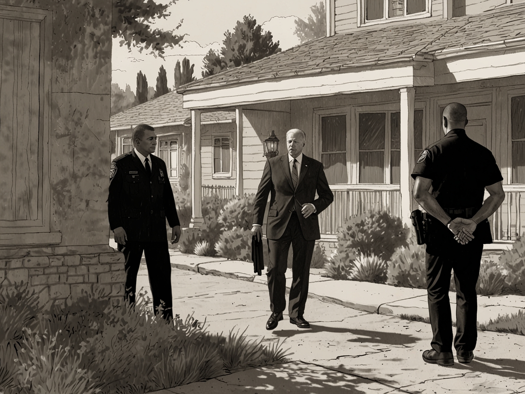 An illustration showing a Secret Service agent being approached by armed robbery suspects in a quiet neighborhood during President Biden’s California visit.