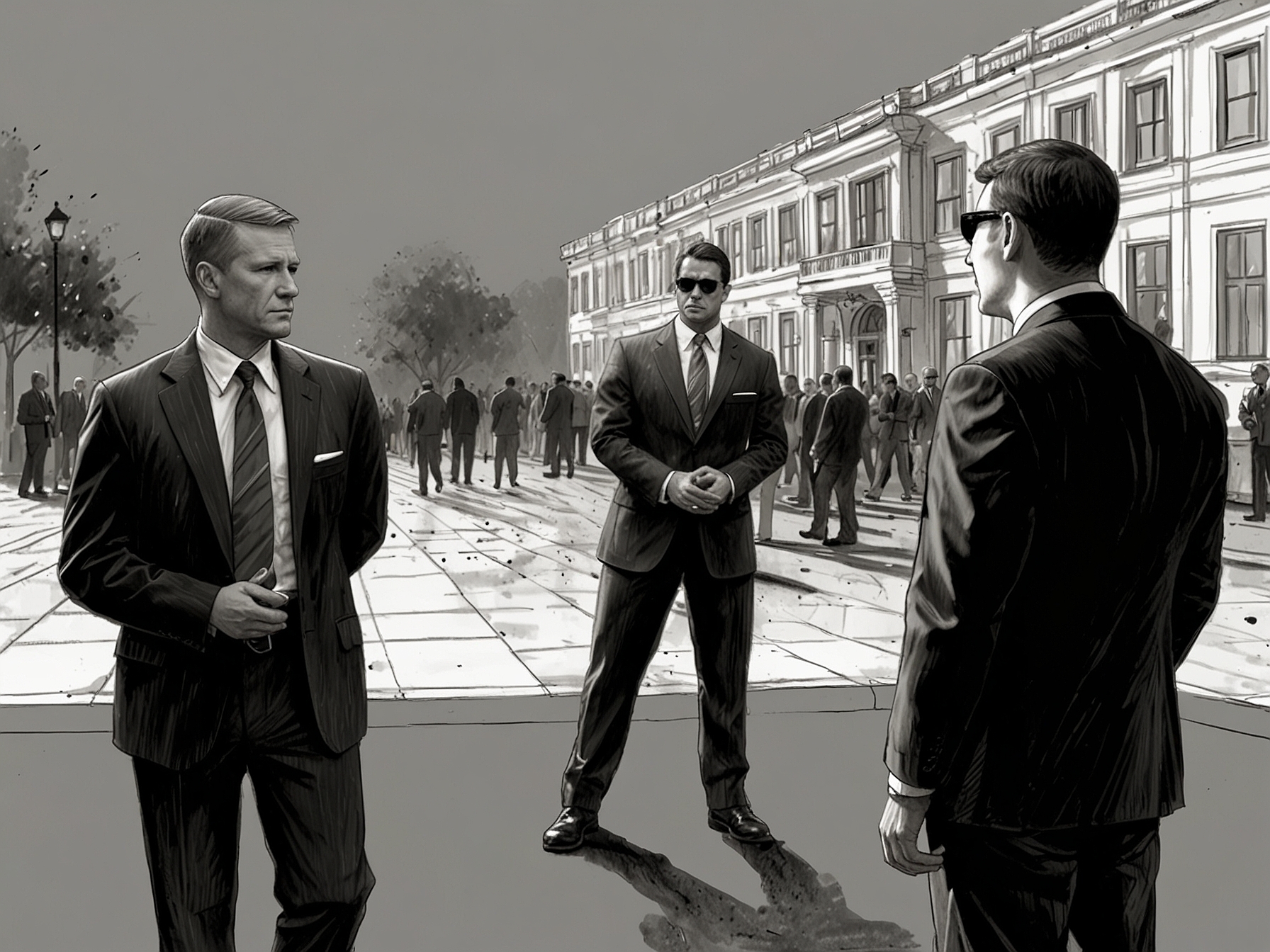 Image depicting a tense moment with a Secret Service agent facing armed assailants, highlighting security vulnerabilities during high-profile visits.