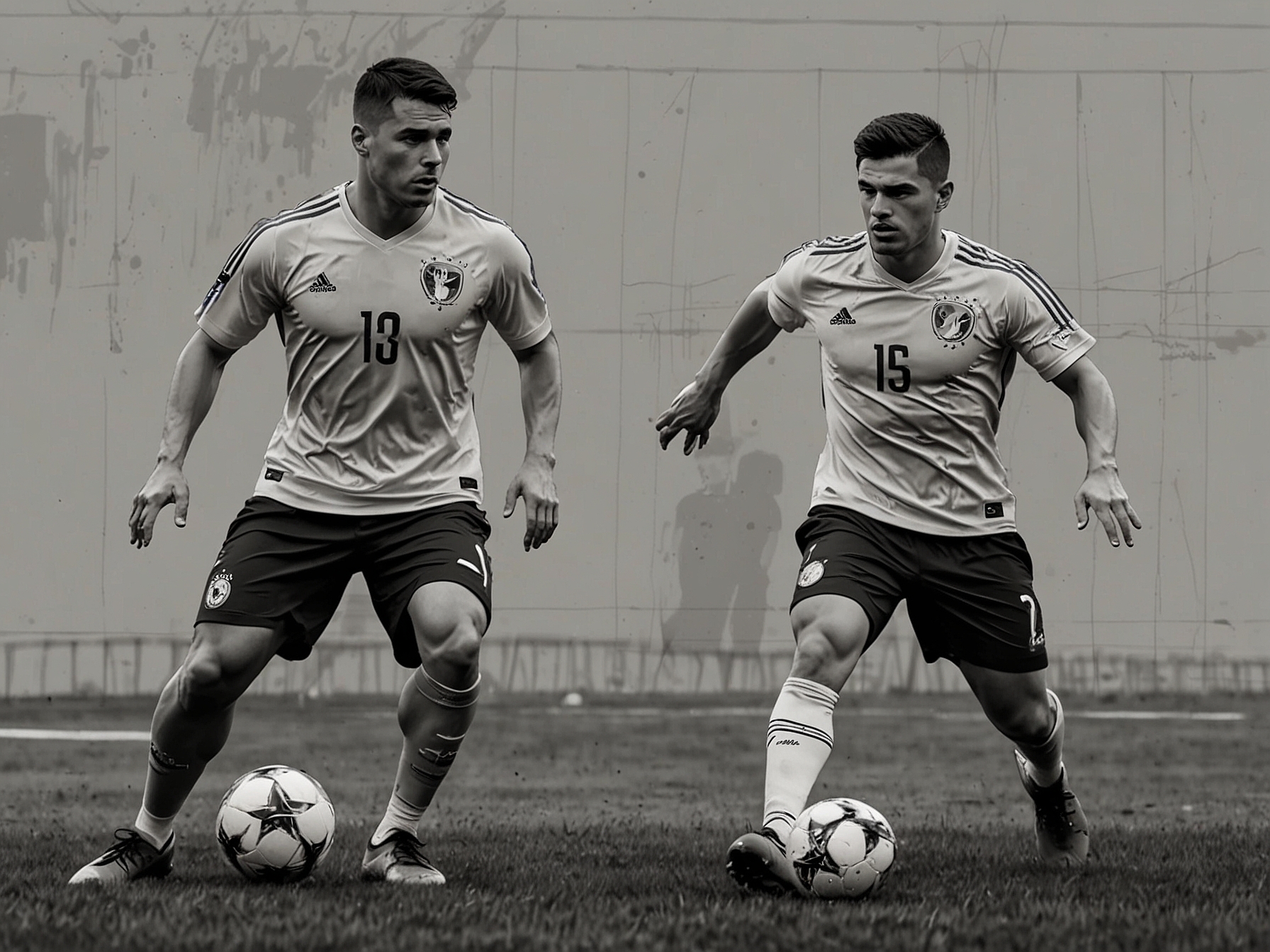 Romanian players Nicolae Stanciu and Ianis Hagi in action during a training session, showcasing their skills and preparation for the Euro 2024 qualifier against Ukraine.