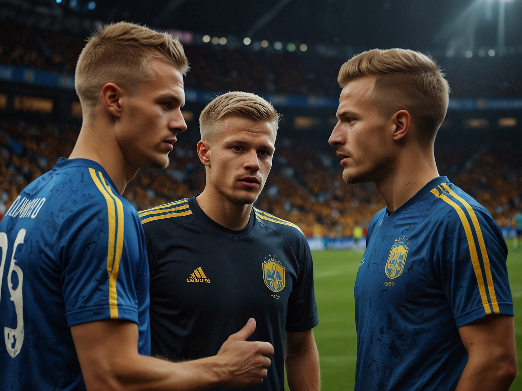 Ukrainian footballers Oleksandr Zinchenko and Andriy Yarmolenko discussing tactics with their manager on the field, as they gear up for the crucial match against Romania.