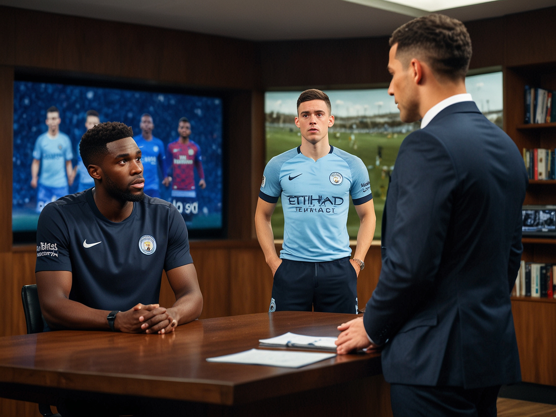 Micah Richards passionately argues on live TV, highlighting Phil Foden's impactfulness at Manchester City, while Rio Ferdinand listens intently, setting the stage for their heated debate.