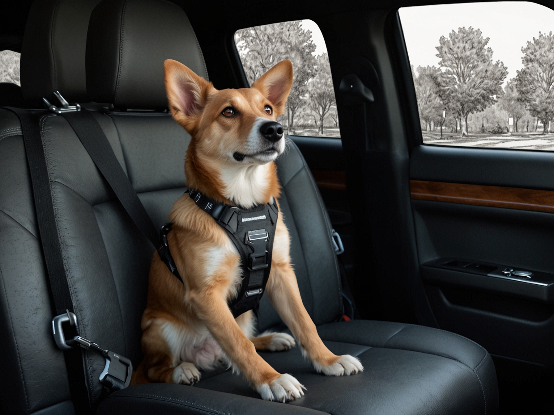 A driver ensuring their dog is securely restrained in the back seat using a harness attached to the car's seatbelt system, as recommended for safe travel.