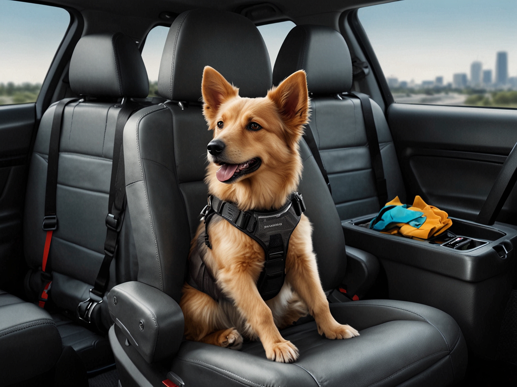 An image depicting different types of pet restraints, including harnesses, carriers, and specially designed car seats for dogs, highlighting safety measures for traveling with pets.