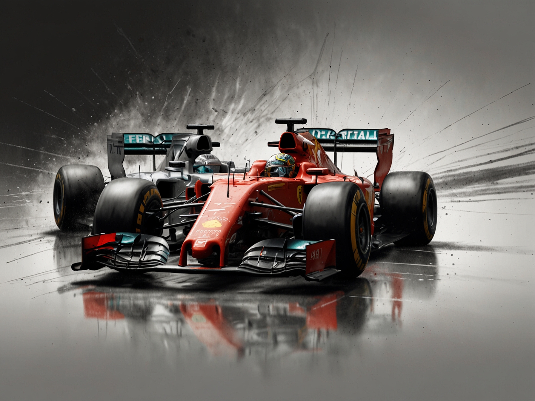 Depiction of two F1 cars, one Mercedes and one Ferrari, representing the potential shift in loyalty and the brewing tensions within the teams.
