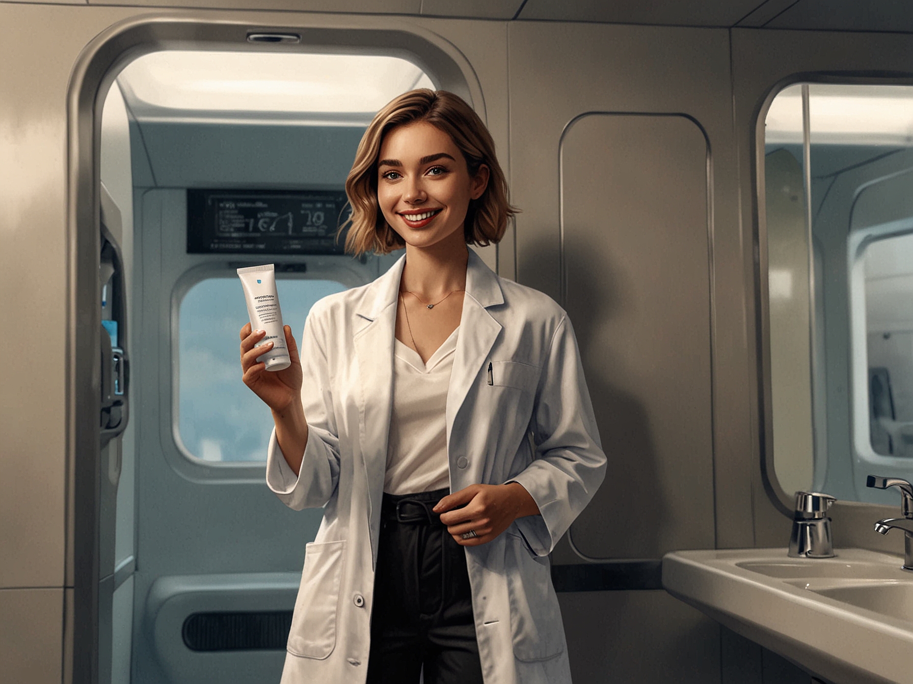 The influencer stands in a plane bathroom, holding a travel-sized cleanser. The cramped space is evident, as she explains the importance of maintaining skincare routines while flying.