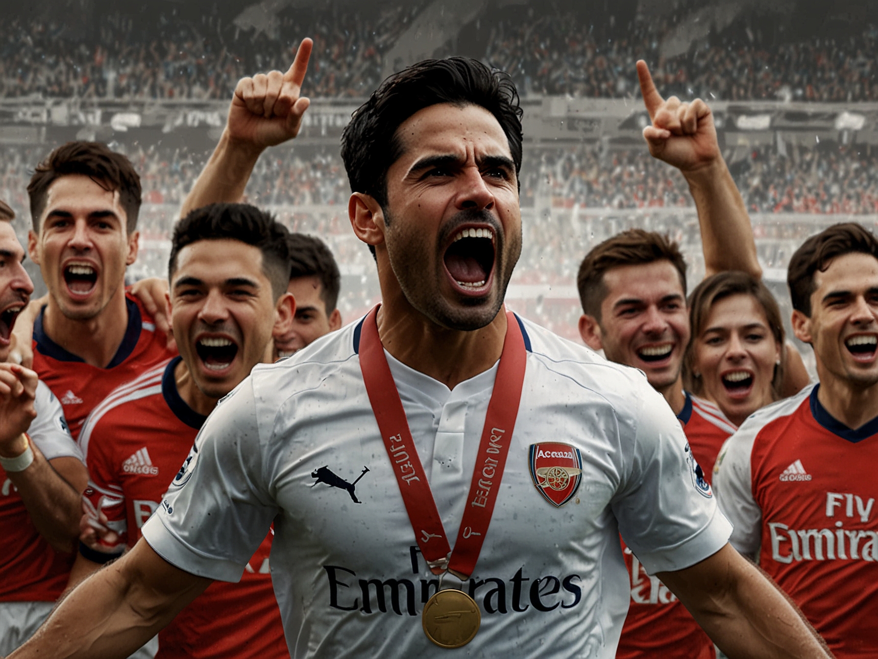 Arsenal's manager Mikel Arteta celebrating with players, symbolizing the club's focus on nurturing young talent and its recent resurgence on the domestic and European fronts.