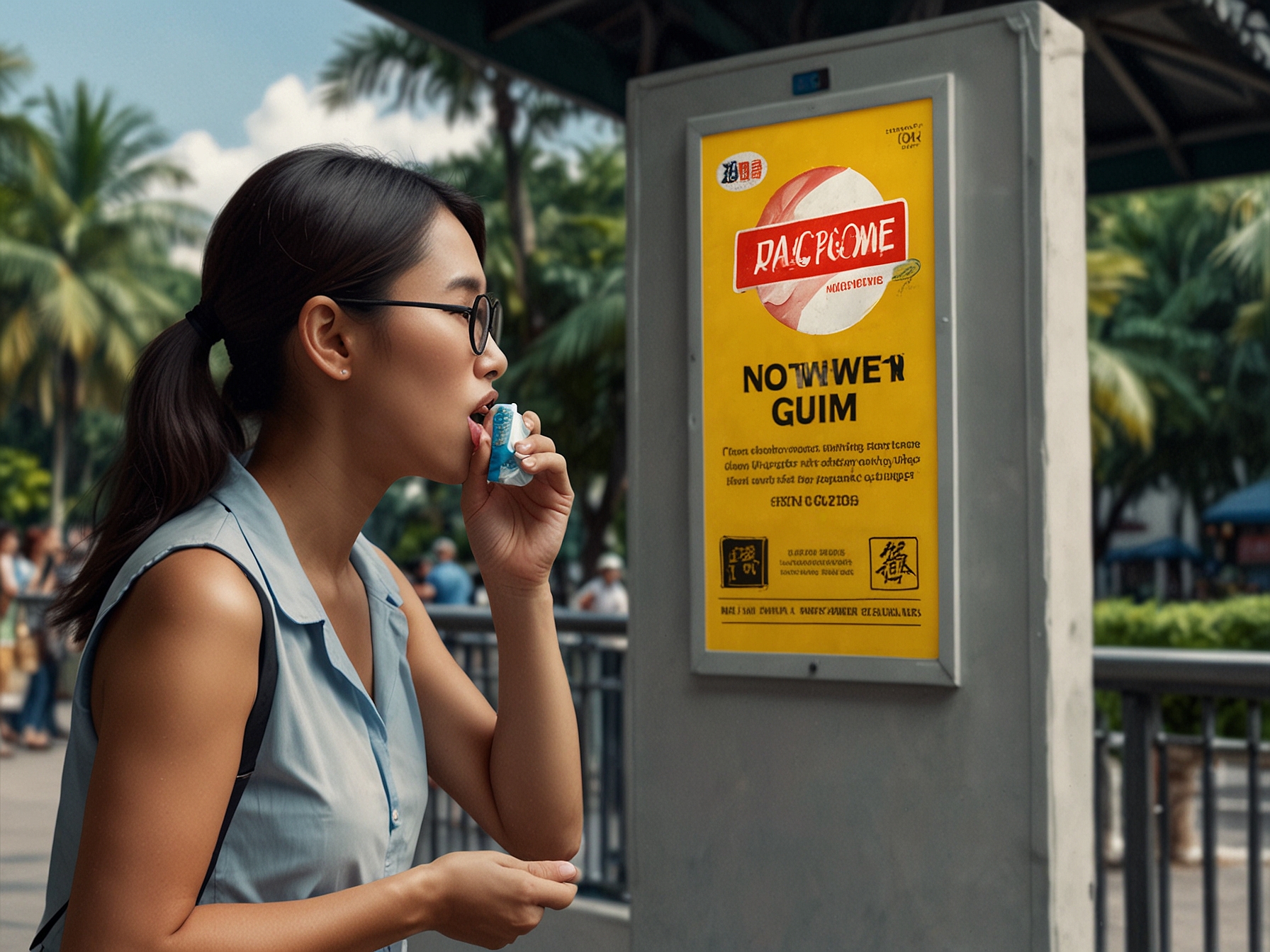 A tourist in Singapore surprised by a 'No Chewing Gum' sign, emphasizing the strict regulation against chewing gum to keep public spaces clean.