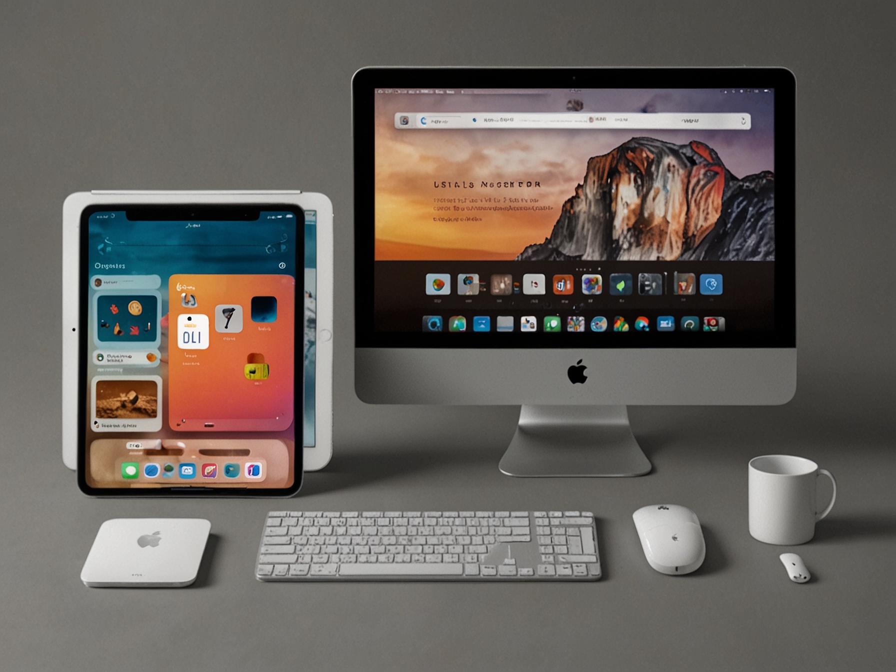 Multiple Apple devices like iPhones, iPads, and Macs demonstrate seamless integration of AI technology, showcasing the versatility and user-centric design of Apple's foundation models.