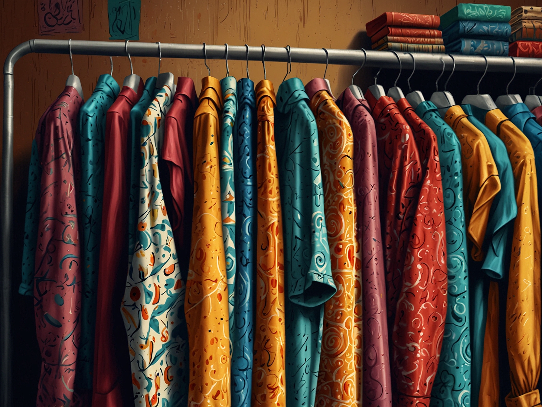A vibrant, vintage-style shirt with distinctive patterns hanging on a charity shop rack, nestled between various retro clothes, representing the surprising find.