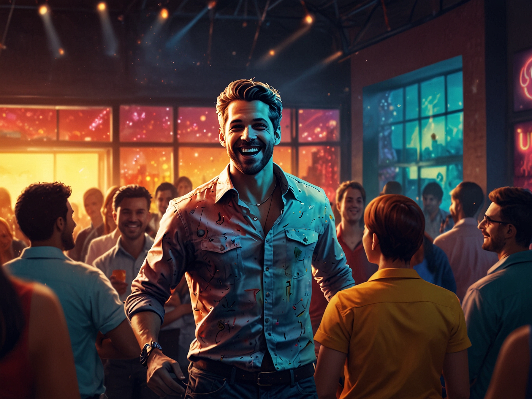 A lively nightclub scene with the central figure wearing the colorful shirt, people around him giving amused looks, highlighting the amusing fashion error.