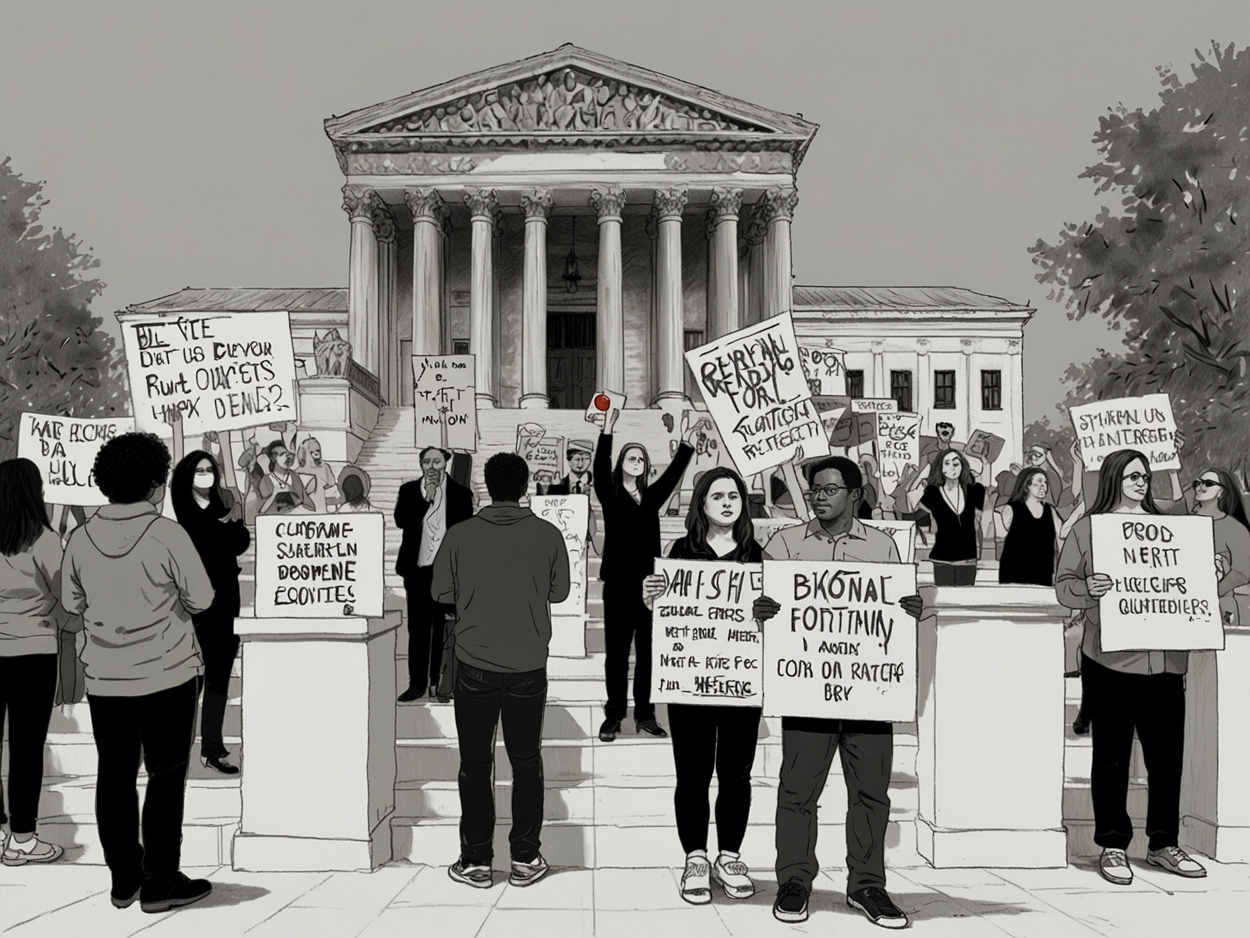 An illustration of protesters outside the Supreme Court, holding signs that showcase their dissatisfaction with recent rulings. The signs represent various contentious issues like reproductive rights and gun control.
