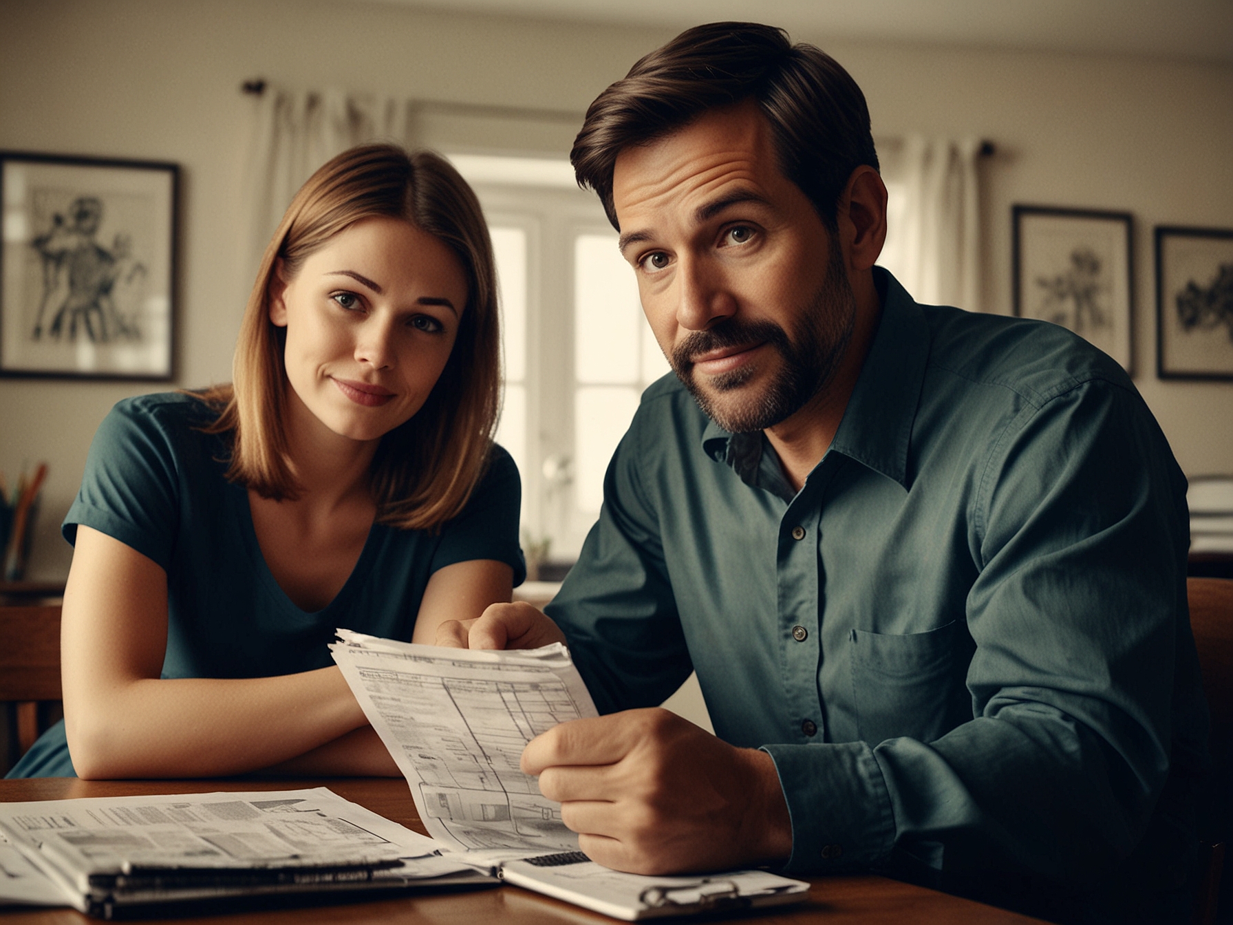 An illustration of a family looking relieved as they review their household budget with a downward trending tax icon, symbolizing the impact of personal tax cuts on disposable income.