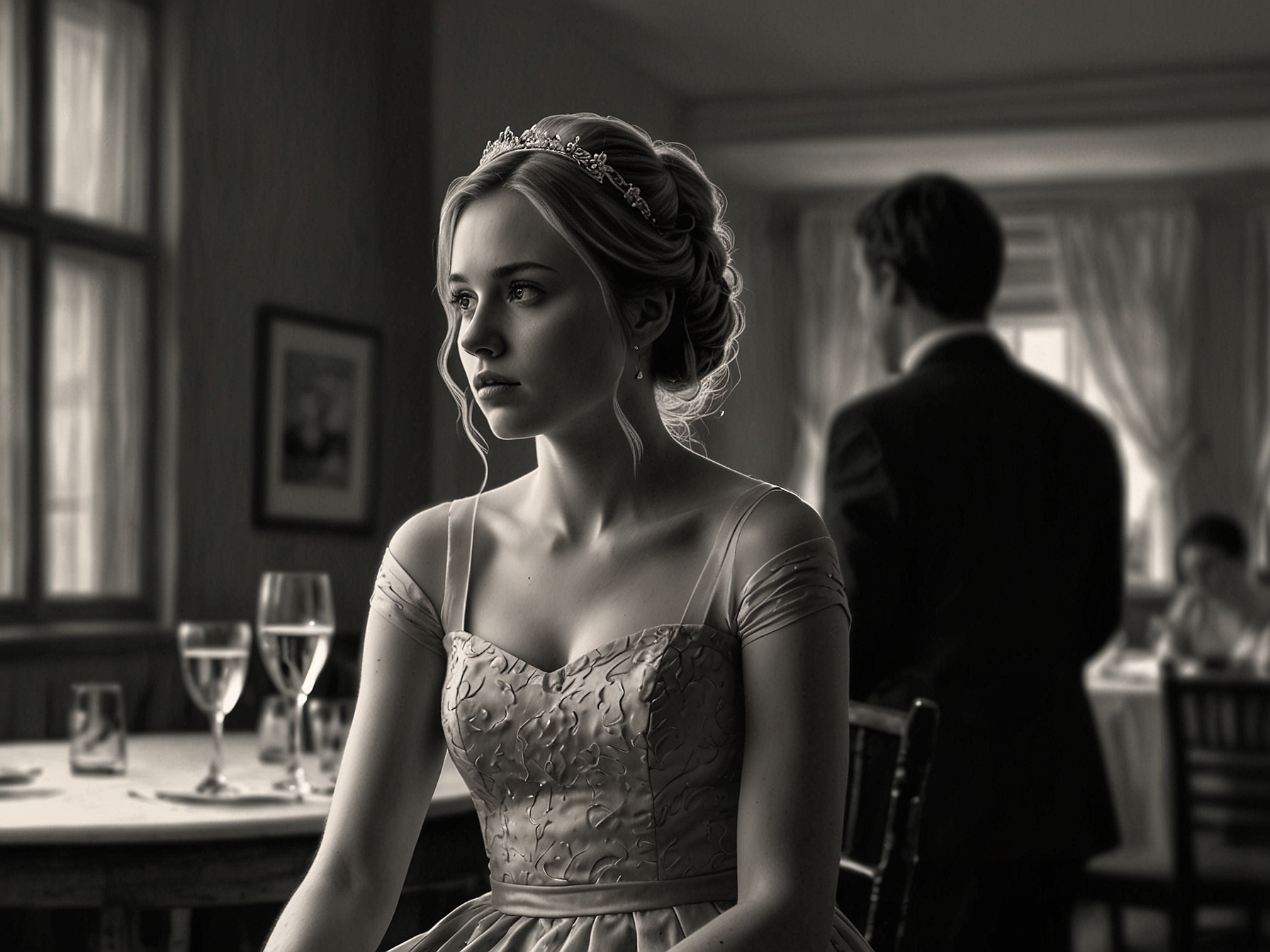 Later at the wedding reception, the maid of honor looks thoughtful and conflicted, reflecting the internal storm upon learning about her ex’s feelings for the bride.