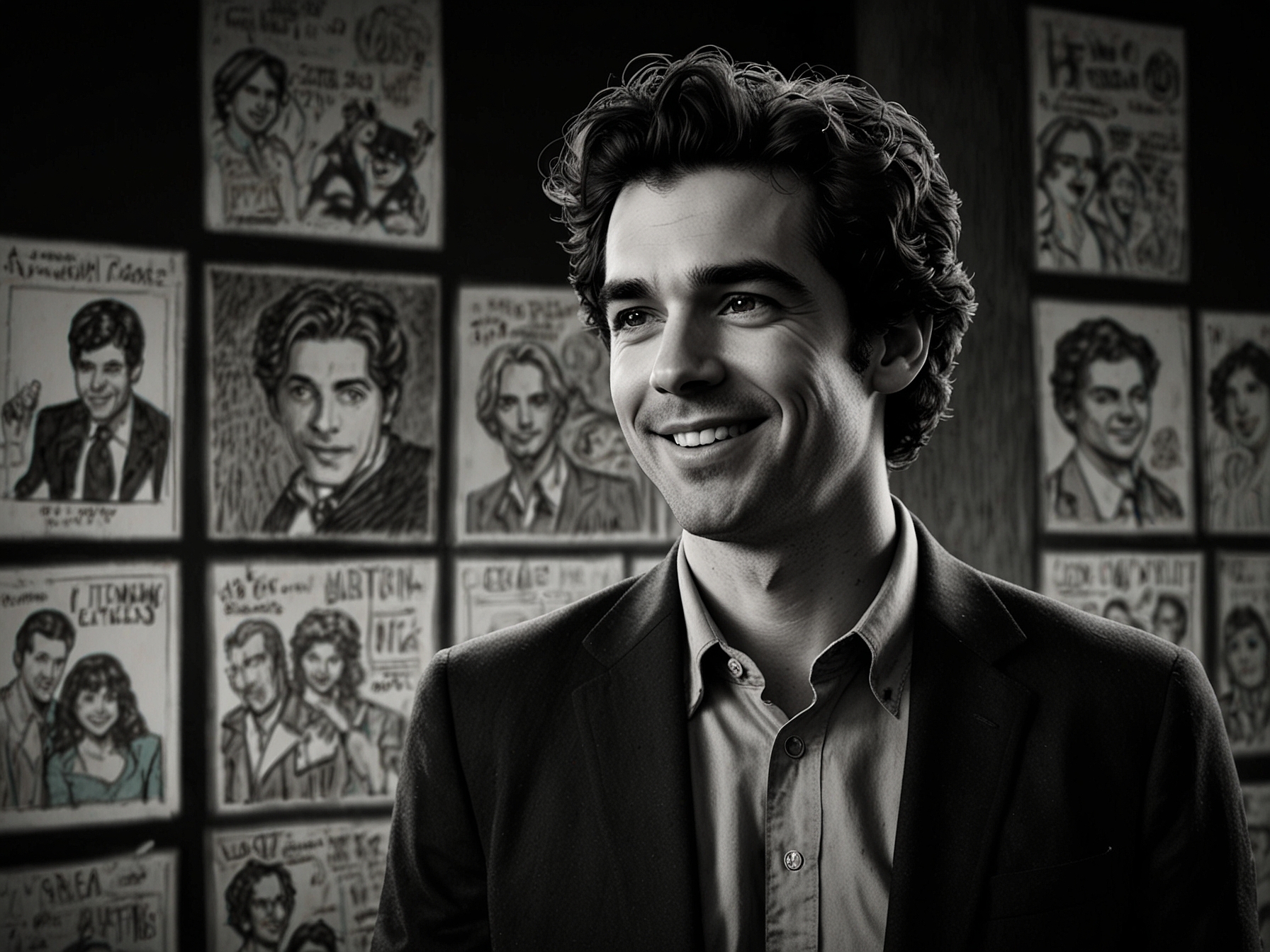 Hamish Linklater, dressed casually and smiling confidently, with a background revealing scenes from Batman: Caped Crusader, symbolizing his exciting new role as the voice of Batman.