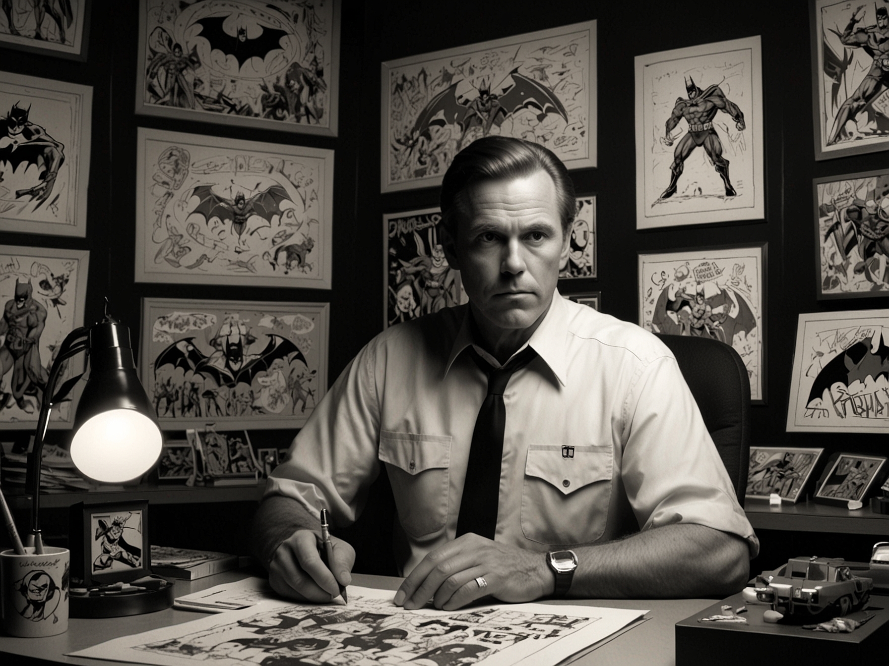 A striking image of Bruce Timm at his animation desk, surrounded by Batman artwork and memorabilia, highlighting his instrumental role in the creation of Batman: Caped Crusader.