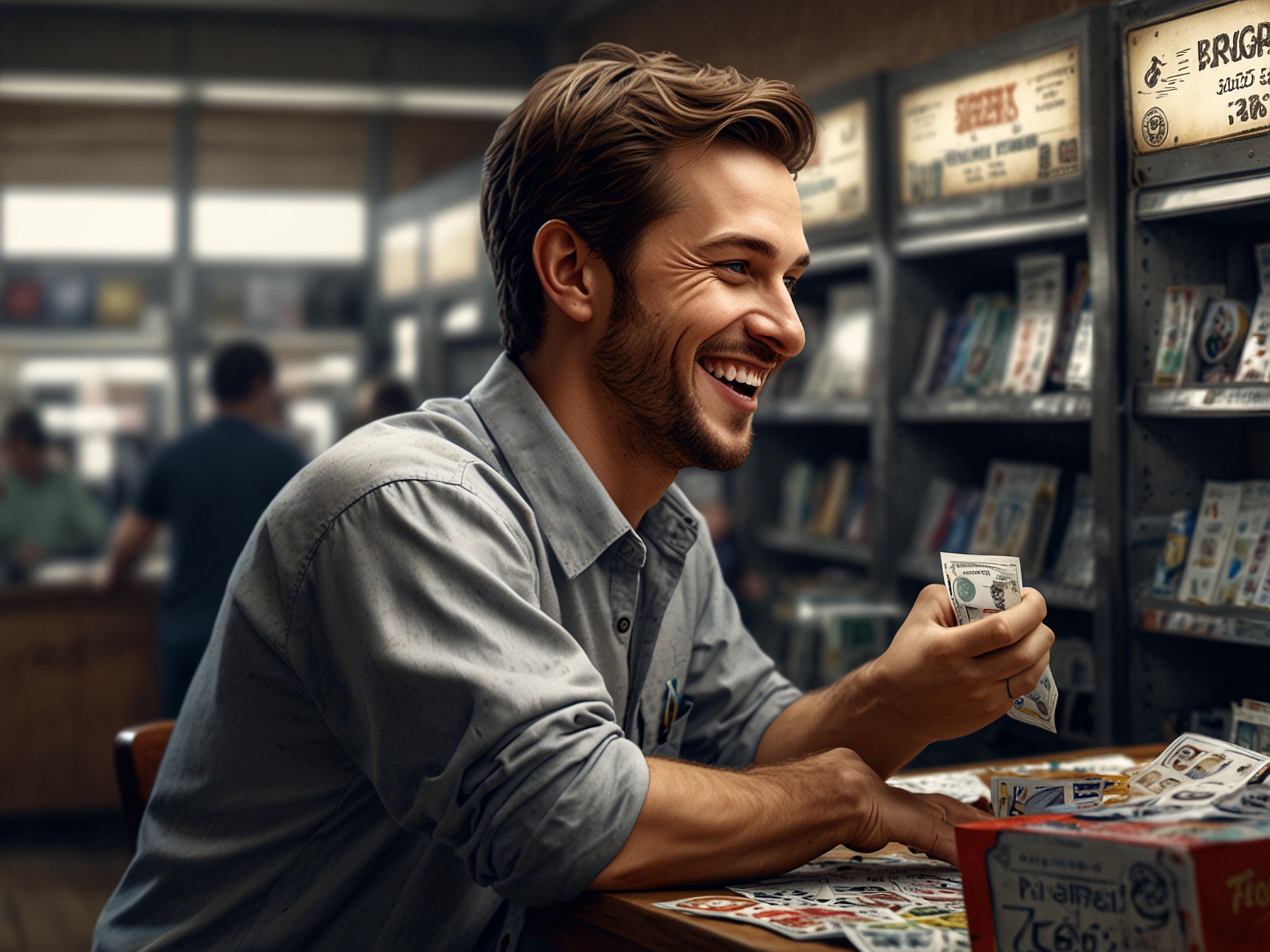 Image of a happy player scratching off a lottery ticket at a retail store, emphasizing the engaging and rewarding experience provided by the advanced gaming solutions.