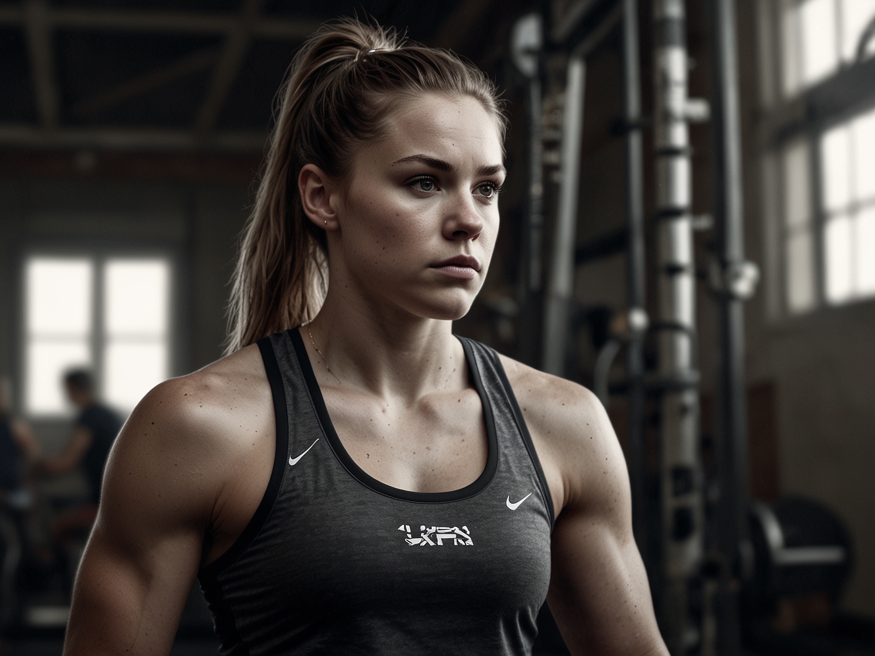 Caitlin Clark, in a gym, lifting weights with determination, highlighting her commitment to strength training and building muscle mass for the physical demands of the WNBA.