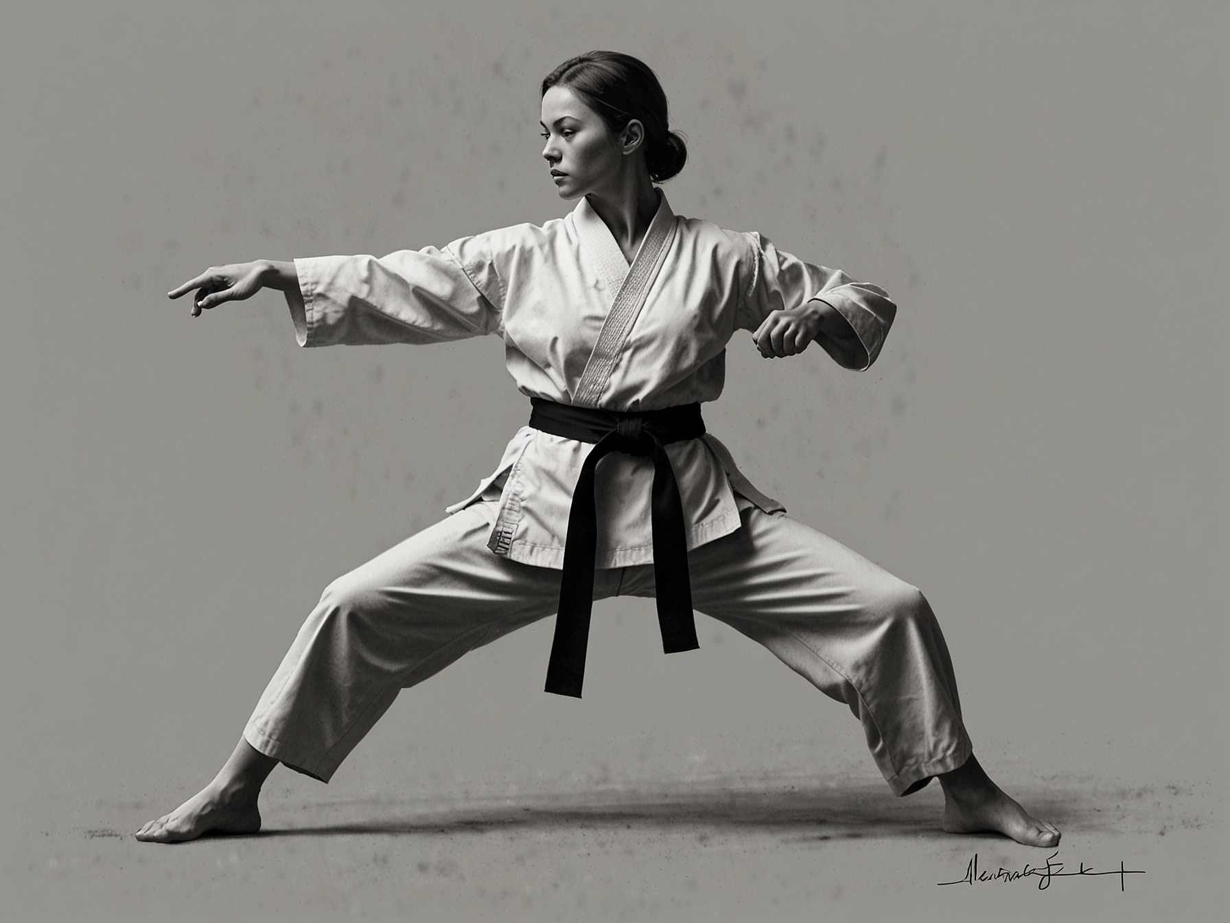 Clark practicing martial arts, showcasing a karate move, emphasizing her unconventional preparation techniques to improve balance, coordination, and ability to absorb contact.