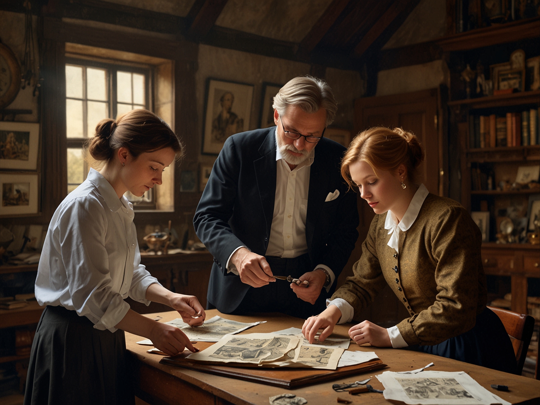 A detailed depiction of art experts examining fragments of the rediscovered Dutch-Irish artwork in a Hague attic, highlighting the pristine condition and intricate details.